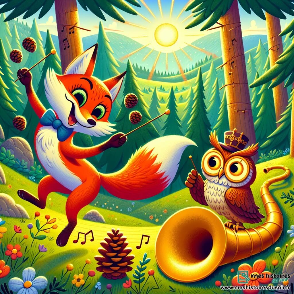 Dans une clairière ensoleillée, un renard roux nommé Fripouille danse joyeusement en jonglant avec des pommes de pin. À ses côtés, un hibou sage nommé Maestro observe amusé, prêt à diriger la musique qui emplit l'air. La clairière, entourée d'arbres verdoyants et de fleurs colorées, abrite un tuba géant doré au centre, évoquant un monde fantastique. Fripouille, emporté par l'enthousiasme, s'apprête à faire un saut gracieux, tandis que la musique enchantée crée une atmosphère festive et joyeuse.