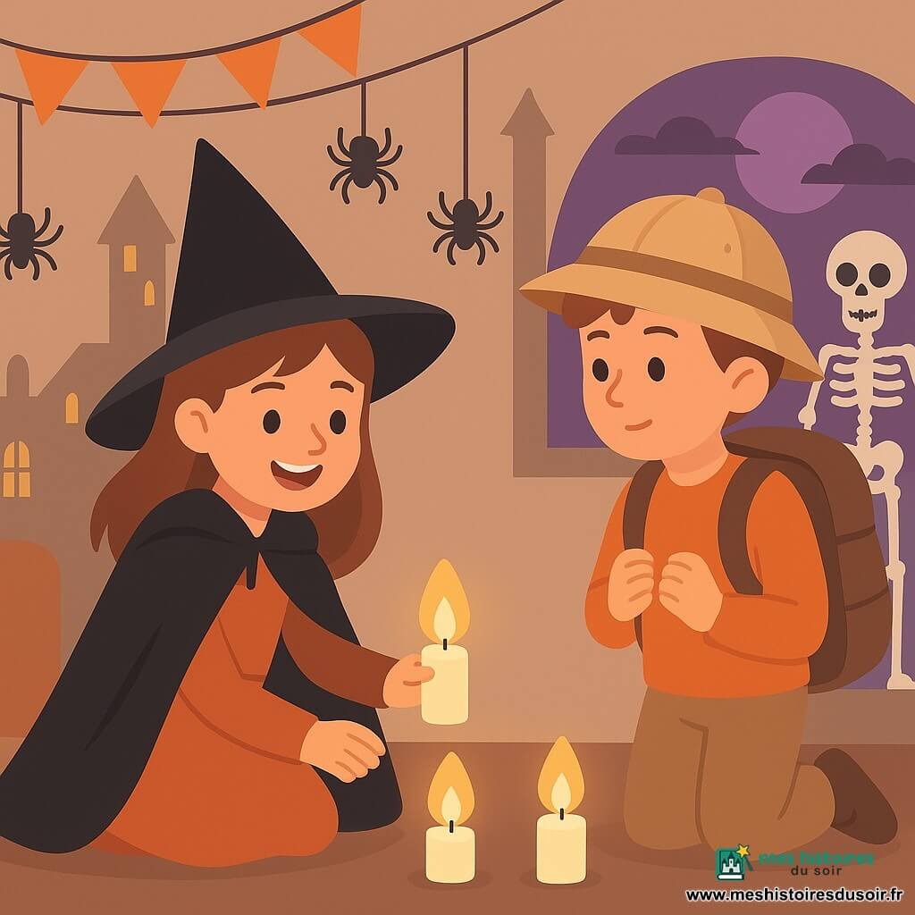 Clara, une fille de 10 ans avec un chapeau de sorcière noir et une cape, sourit en tenant une bougie LED. À côté d'elle, Léo, un garçon de 10 ans avec un casque d'explorateur en carton et un sac à dos, la regarde curieusement. Ils sont dans un salon décoré pour Halloween avec des guirlandes orange, des araignées en plastique et un squelette en carton. Clara et Léo alignent trois bougies LED sur le sol, formant un arc lumineux, tandis qu'une maison hantée scintille en arrière-plan avec des fenêtres illuminées et une lune violette.