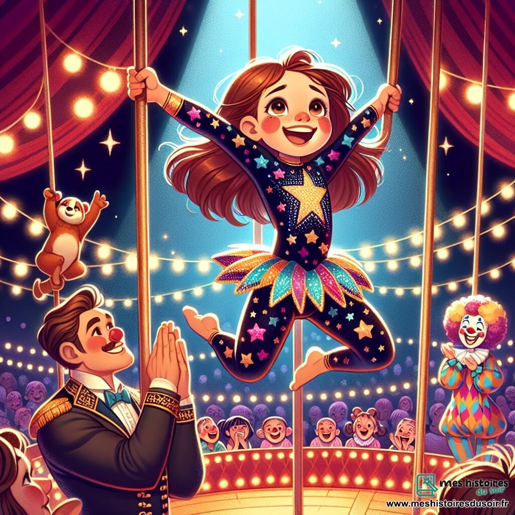Lucie, une fille de 11 ans, est suspendue à un trapèze, ses cheveux châtains flottant, un grand sourire sur le visage. Elle porte un costume coloré aux motifs étoilés qui scintille sous les lumières du cirque. Julien, un jeune homme d'environ 25 ans, est en bas du trapèze, vêtu d'un costume noir avec des touches dorées, l'encourageant avec admiration. Amélie, une clown aux cheveux bouclés et au visage peint en blanc, applaudit sur le côté, vêtue d'un costume excentrique. Le chapiteau de cirque est vibrant de couleurs, avec des spectateurs émerveillés assis sur des bancs en bois. Lucie réalise un saut acrobatique audacieux, prête à attraper la barre du trapèze, tandis que le public applaudit avec enthousiasme, créant une atmosphère de joie.