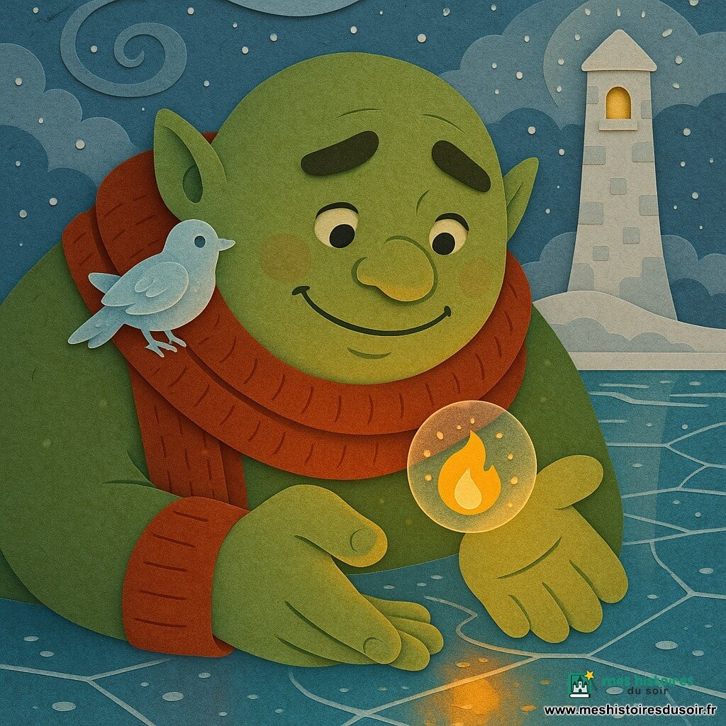 Un ogre grand et rond au visage doux, sourire timide et yeux brillants, coiffé d’une énorme écharpe rouge tricotée, penché, paumes ouvertes pour tenir délicatement une petite Flamme de vie dorée semblable à une luciole chaude enfermée dans une bulle translucide scintillante ; il exprime douceur et concentration, sourcils légèrement froncés et bouche arrondie en sourire ; un petit oiseau de glace transparent est posé sur son épaule gauche, ailes repliées, regardant la flamme ; décor : rive d’une grande rivière gelée, glace claire comme du verre avec reflets dorés, fines fissures et bulles emprisonnées, en arrière-plan la Tour du Souffle blanche aux pierres givrée et fenêtre ronde au sommet auréolée d’un halo doré, ciel de tempête adoucie avec volutes de neige argentée et petites étincelles mais zones calmes de flocons ; scène principale : l’ogre recueille lentement la flamme sortie d’une poche de glace dans un geste protecteur, chaleur humaine contrastant avec la froideur ambiante ; style visuel : couleurs simples et contrastées (rouge chaud, or lumineux, blanc et bleu glacé), formes aux contours nets, textures papier froissé et ombres portées douces.