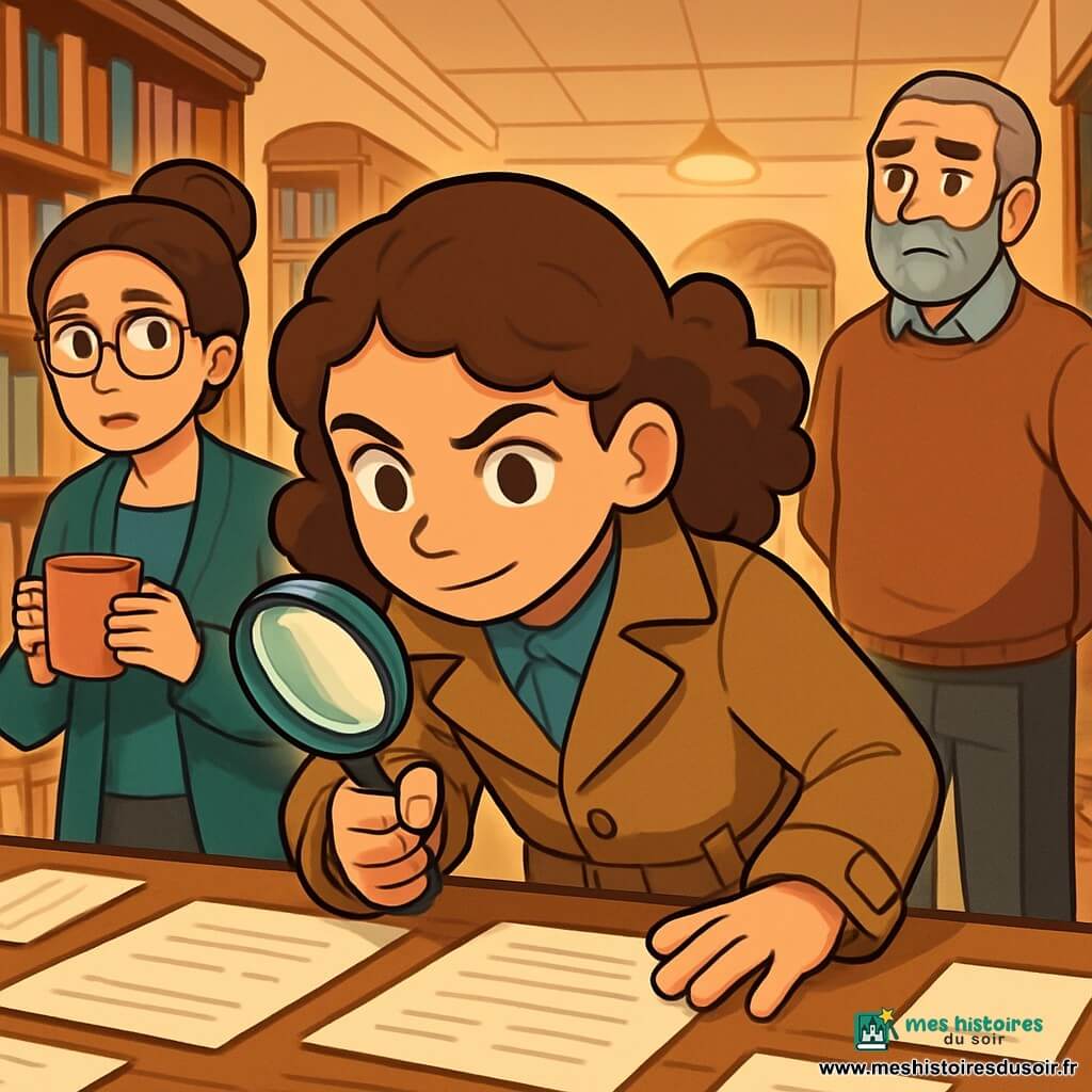 Capucine, une fille de 12 ans aux cheveux châtains et bouclés, porte une veste de détective et tient une loupe. Elle examine une table couverte de livres et de papiers dans une bibliothèque, avec un regard déterminé. À ses côtés, Mme Garric, une femme d'une quarantaine d'années avec des lunettes, semble anxieuse en tenant une tasse de chocolat chaud. M. Belloc, le bibliothécaire d'une cinquantaine d'années, les observe avec inquiétude. La bibliothèque spacieuse est remplie de livres colorés et éclairée par des lumières douces. Capucine est en pleine enquête, tandis que l'atmosphère est tendue mais mystérieuse, avec une lumière chaleureuse contrastant avec l'inquiétude des personnages.
