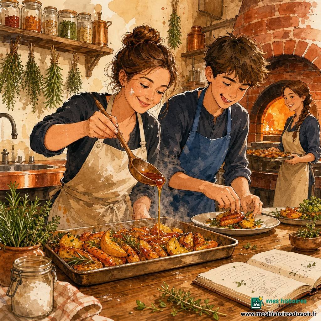 La cheffe Clara, souriante et concentrée, visage rond poudré de farine, cheveux en chignon et tablier crème taché, verse en filet une réduction ambrée avec une grande cuillère en bois sur des légumes rôtis pendant que Léo, adolescent d'environ 15 ans, grand, cheveux bruns en bataille et tablier bleu, dresse une assiette à sa droite la langue sortie ; une collègue d'une trentaine d'années aux cheveux tressés tient un plateau près d'un vieux four en briques rouge chaleureux ; la cuisine rustique montre une table en bois marquée, un plan de travail en cuivre, des étagères à bocaux, des bottes de thym et de romarin suspendues et une lumière orangée du four ; la scène met en avant la réduction brillante coulant en ruban sur carottes dorées et quartiers de courge, herbes fraîches éparses, légère vapeur et un carnet griffonné ouvert sur la table, palette de tons chauds (orange, ambre, brun) avec touches de vert vif et traits d'encre nets sur lavis aquarelle doux.
