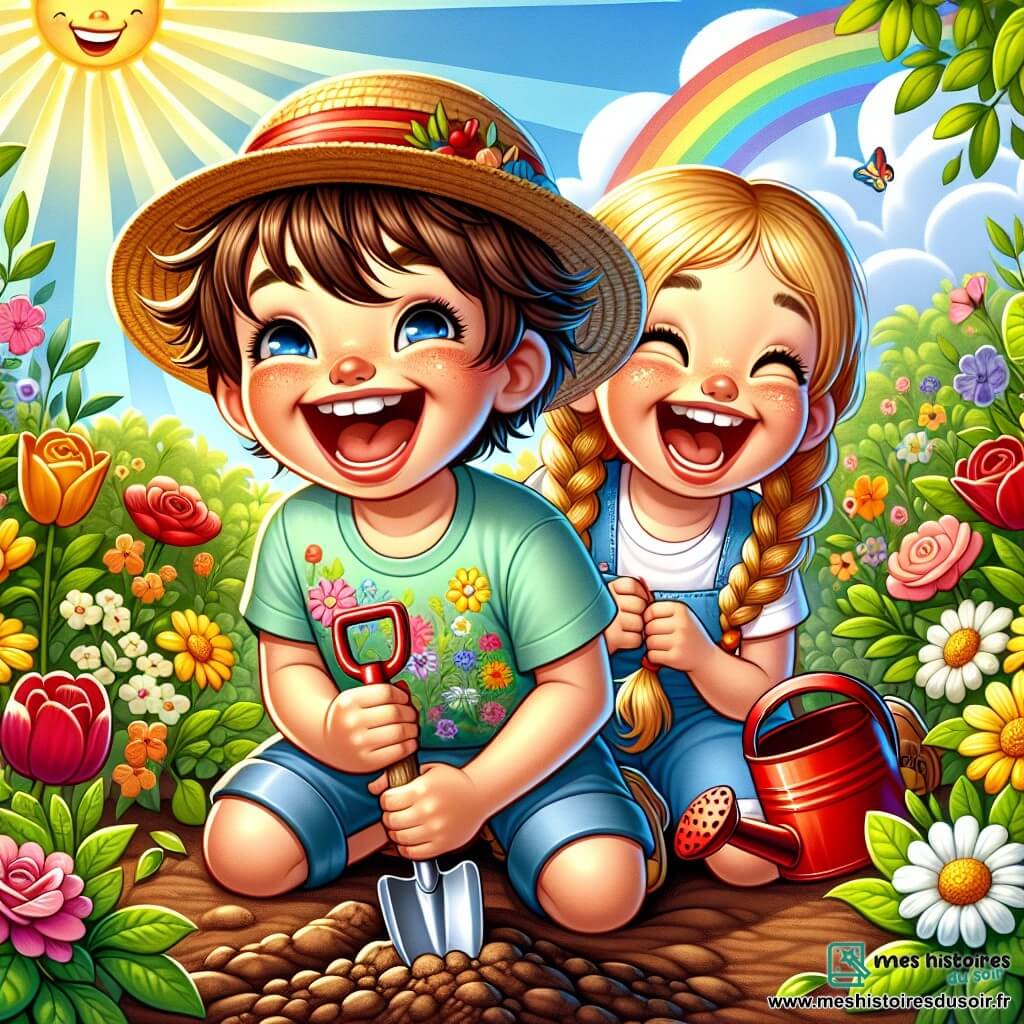 Un petit garçon de 4 ans, cheveux bruns en bataille et grand sourire, est accroupi dans un jardin ensoleillé avec une petite pelle. Il porte un chapeau de paille et un t-shirt bleu floral. À ses côtés, sa meilleure amie Léa, également âgée de 4 ans, cheveux blonds tressés et arrosoir rouge, l'encourage avec un sourire. Le jardin est rempli de fleurs colorées, roses, tulipes et marguerites, avec un sol brun prêt à accueillir de nouvelles graines. Simon et Léa plantent des graines ensemble, riant sous le soleil d'un ciel bleu, créant une atmosphère joyeuse.
