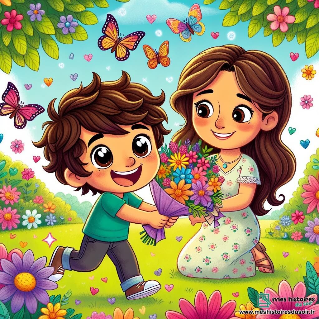 Léo, un petit garçon de 6 ans aux cheveux bruns en bataille et aux grands yeux joyeux, se tient au centre de l'image, souriant largement. Il tient une lettre colorée dans une main et un bouquet de fleurs scintillantes dans l'autre, entouré de papillons colorés. À ses côtés, sa maman, une femme d'une trentaine d'années aux longs cheveux châtains, le regarde avec émerveillement, s'accroupissant pour admirer le bouquet qu'il lui offre. En arrière-plan, un jardin éclatant de fleurs roses, jaunes et violettes, avec des arbres verdoyants et un ciel bleu parsemé de nuages blancs, crée une atmosphère magique. La scène célèbre la fête des mères, illustrant un moment de tendresse et de bonheur entre Léo et sa maman.