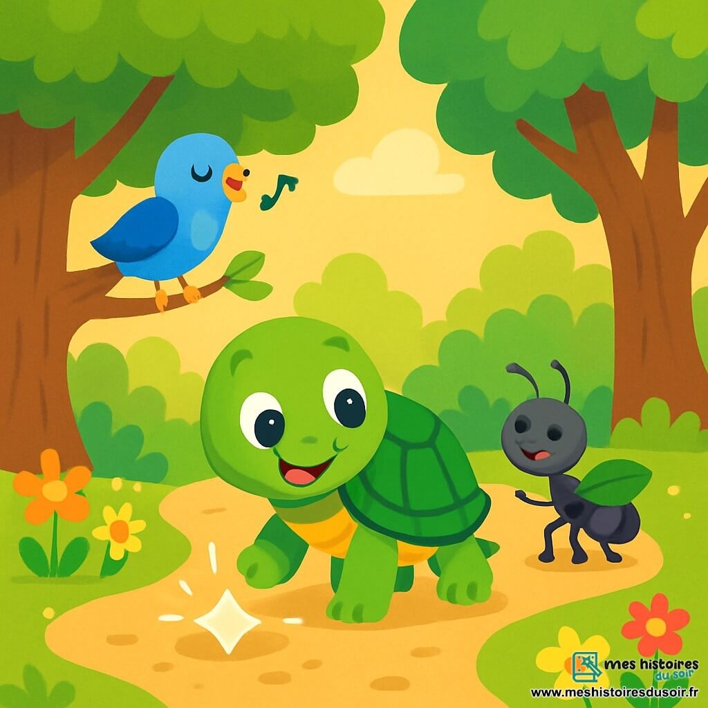 Une tortue nommée Lulu, avec une carapace verte et des yeux joyeux, marche lentement sur un chemin de terre. Elle sourit, curieuse. À côté, un oiseau bleu chante joyeusement sur une branche. Plus loin, une fourmi noire transporte une feuille, regardant Lulu avec amitié. La scène se déroule dans une forêt enchantée, où des arbres majestueux dansent sous le vent et des fleurs colorées parsèment le sol. La lumière du soleil filtre à travers les branches, créant des ombres douces. Lulu découvre une pierre brillante sur le chemin, et tous les animaux se rassemblent autour d'elle pour partager un moment magique d'amitié.