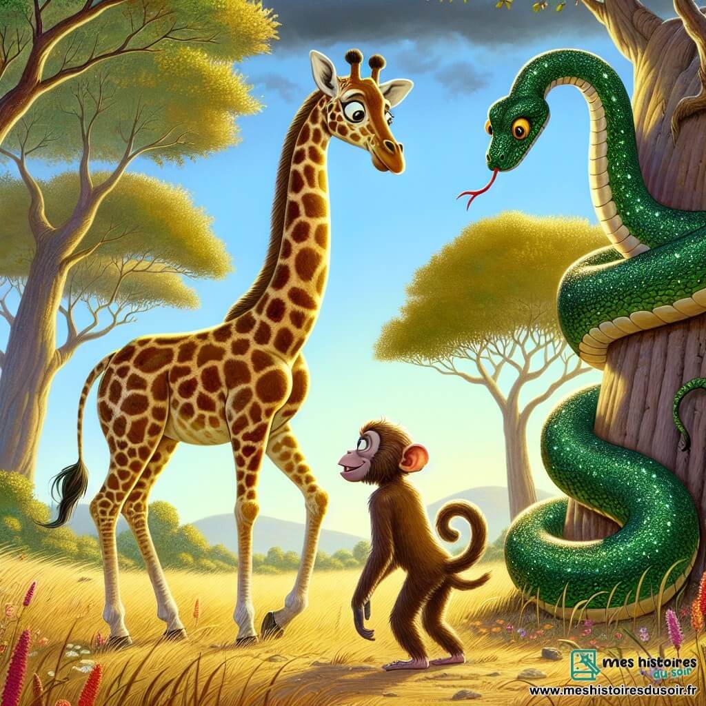 Une girafe nommée Mélissa, au long cou élégant et aux taches brunes, se tient au centre d'une clairière, prête à affronter un serpent géant. À ses côtés, un singe nommé Hugo grimpe sur son dos, souriant et gesticulant. En arrière-plan, un serpent aux écailles vertes s'étire autour d'un baobab, observant Mélissa avec curiosité. La clairière, baignée de lumière dorée, est entourée d'herbes ondulantes et de fleurs colorées, créant une atmosphère magique. La scène illustre le moment où Mélissa s'approche du serpent pour comprendre ses intentions, symbolisant l'harmonie entre les créatures de la savane.