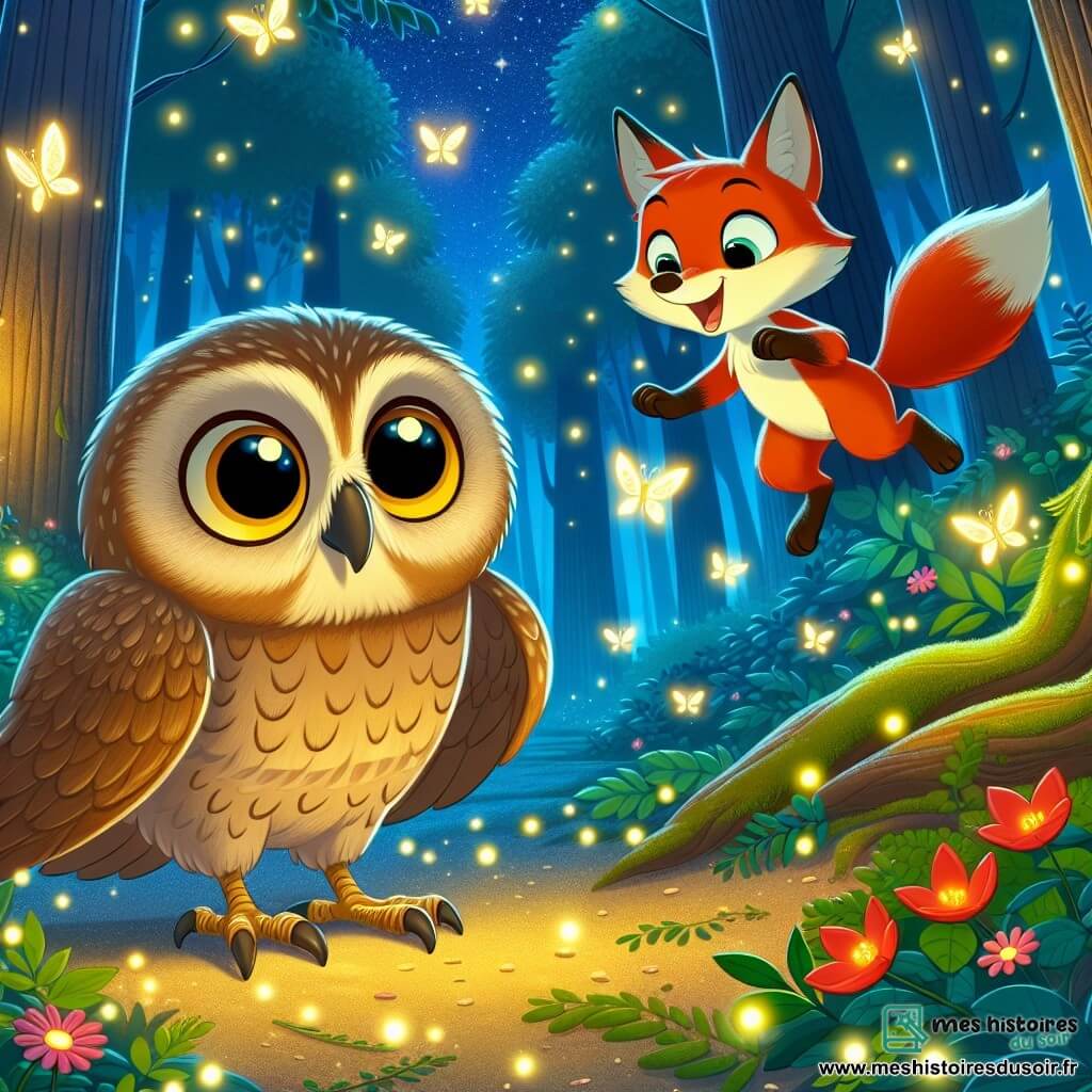 Au centre de l'image, Hugo, un hibou aux grands yeux ronds et aux plumes marron clair, observe avec curiosité les lucioles qui illuminent la nuit. À ses côtés, un petit renard au pelage roux vif, souriant et joyeux, sautille autour de lui. La scène se déroule dans une forêt enchantée, avec de grands arbres et des fleurs nocturnes éclatantes. Ensemble, Hugo et le renard découvrent la beauté de la nuit, illustrant comment l'amitié aide Hugo à surmonter sa peur du noir.