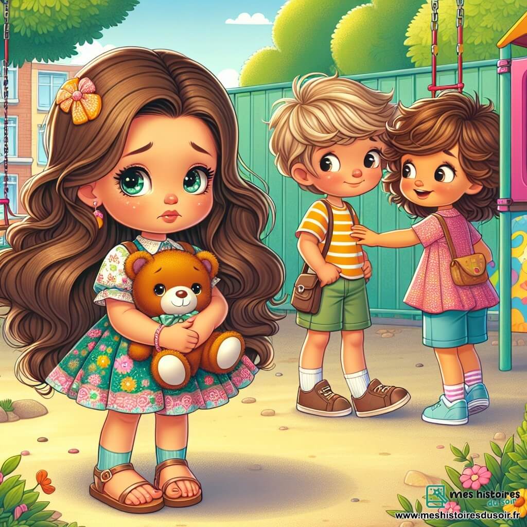 Lili, une petite fille de 4 ans aux longs cheveux bruns et aux yeux pétillants, se tient au centre de l'image, un peu triste, tenant son doudou, un ours en peluche nommé Coco. Elle porte une robe colorée à motifs floraux et des sandales. À sa droite, Max, un garçon de 5 ans aux cheveux blonds en bataille, la regarde avec compréhension, tandis qu'à sa gauche, Sophie, une fille de 4 ans aux cheveux bouclés et en robe rose, s'approche d'elle avec un regard encourageant. La scène se déroule dans une cour d'école ensoleillée, entourée d'arbres et de jeux comme une balançoire et un toboggan. Lili, réalisant qu'elle a menti à ses amis sur son crayon perdu, explique sincèrement ce qui s'est passé, entourée de ses amis qui l'écoutent attentivement et lui montrent que l'honnêteté est la meilleure voie.