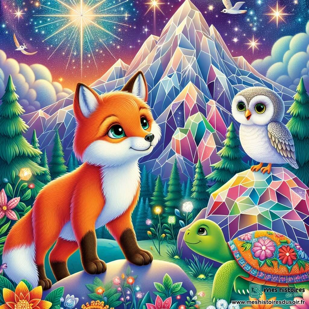 Illustration d'un renard aux yeux brillants et à la fourrure orange éclatante, exprimant émerveillement et détermination, debout sur une montagne étincelante, prêt à s'élancer vers une étoile scintillante. À proximité, une tortue colorée admire la scène avec un sourire chaleureux. Un hibou aux plumes argentées, perché sur une branche, observe avec fierté et excitation. La montagne majestueuse est recouverte de cristaux brillants, tandis qu'une forêt enchantée s'étend en arrière-plan. Le renard lève les yeux vers une étoile mystérieuse, entourée de nuages doux, illuminant son visage. Des lucioles scintillantes et des fleurs musicales ajoutent à l'ambiance magique de la scène.