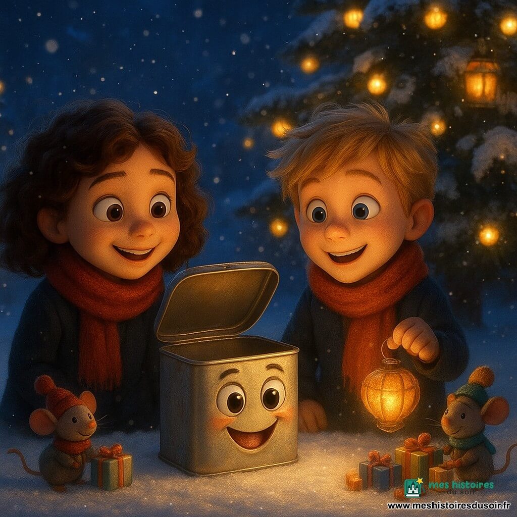 Biscotte, une boîte en fer blanc avec des yeux ronds pétillants et un sourire rouge, est ouverte et rayonnante de bonheur sur la neige scintillante. À côté, Lila, une fillette aux cheveux bruns bouclés et aux joues rosées, porte une écharpe rouge et sourit avec émerveillement. Jules, un garçon aux cheveux blonds ébouriffés, tient une lanterne en forme de coquille de noix, illuminant la scène d'une douce lueur dorée. Autour d'eux, de petites souris avec des bonnets miniatures et des écharpes colorées déposent des cadeaux sous un grand sapin enneigé. Le jardin hivernal est animé par des flocons de neige et des lanternes scintillantes accrochées aux branches. La scène principale montre la magie de Noël, où Biscotte et les enfants partagent des cadeaux dans une atmosphère chaleureuse et lumineuse.