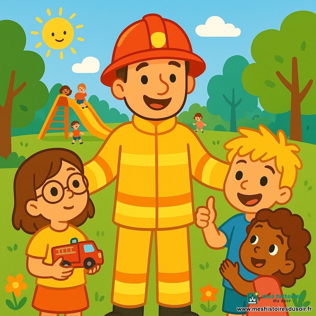 Un homme pompier souriant, portant un casque rouge et une combinaison jaune, se tient au centre de l'image, les bras ouverts et affichant une expression joyeuse. À sa droite, une petite fille de 6 ans, Emma, avec des cheveux bruns et des lunettes, le regarde avec des yeux écarquillés, tenant un petit jouet de camion de pompier. À sa gauche, un garçon de 7 ans, Léo, avec des cheveux blonds en bataille, sourit en levant le pouce, tandis que Zoé, une fille de 5 ans aux cheveux bouclés, s'accroche à son bras, émerveillée. Le parc verdoyant est rempli d'arbres, de fleurs colorées et d'un ciel bleu. Au fond, on voit un grand toboggan et des enfants jouant. La scène montre le pompier racontant des histoires sur son métier, entouré d'enfants captivés.