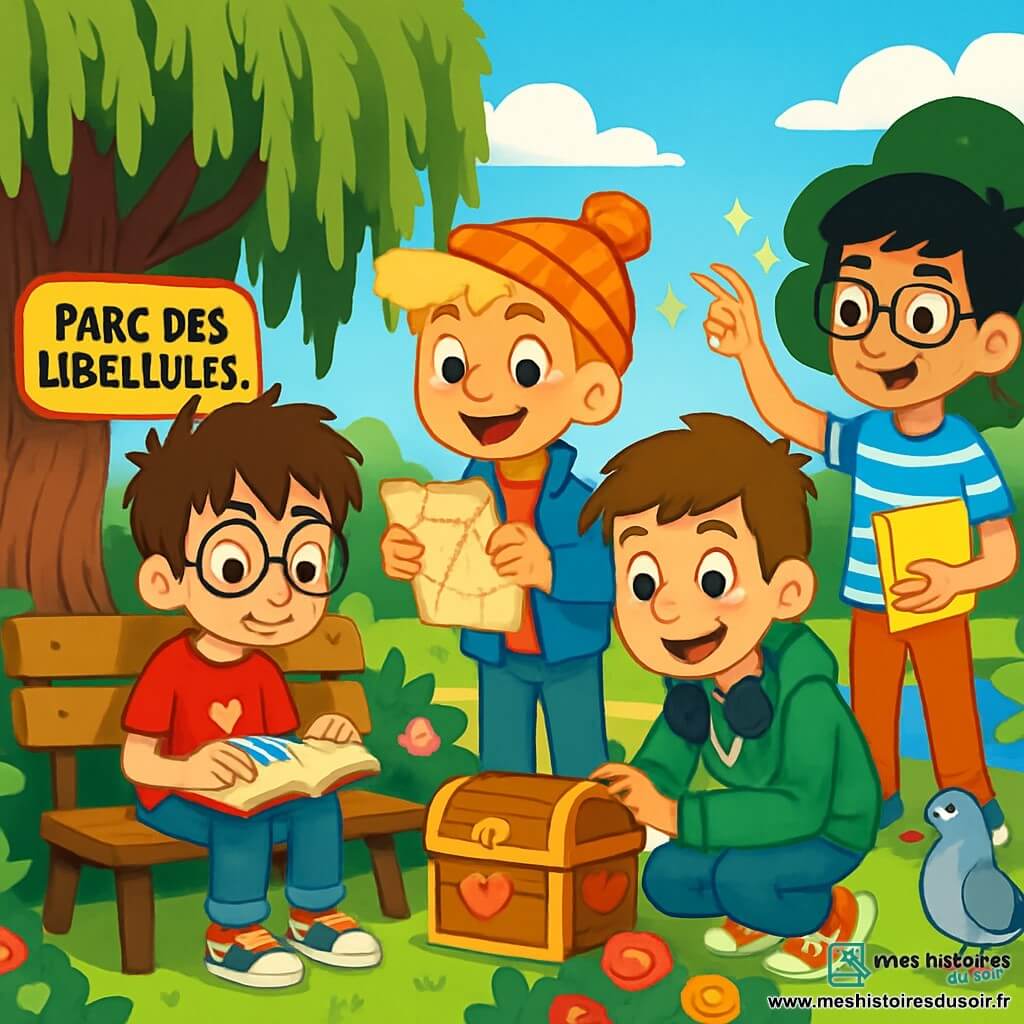 Quatre enfants sont présents : Malo, un garçon de 9 ans avec des cheveux bruns en bataille et des lunettes rondes, assis sur un banc avec un carnet rouge ; Oscar, 9 ans, aux cheveux blonds et portant un bonnet, debout à côté de Malo en lisant un message mystérieux ; Arthur, 9 ans, avec des cheveux châtains et des écouteurs autour du cou, accroupi près de la fontaine ; et Yanis, 9 ans, aux cheveux noirs et lunettes carrées, debout derrière Arthur en train de dessiner. Ils se trouvent au Parc des Libellules, un lieu verdoyant avec des arbres en fleurs, des nénuphars et une fontaine entourée de roses. Les enfants sont en chasse au trésor, découvrant une boîte décorée de cœurs près d'un saule, entourés de rires et d'une ambiance joyeuse, tandis qu'un pigeon les observe.