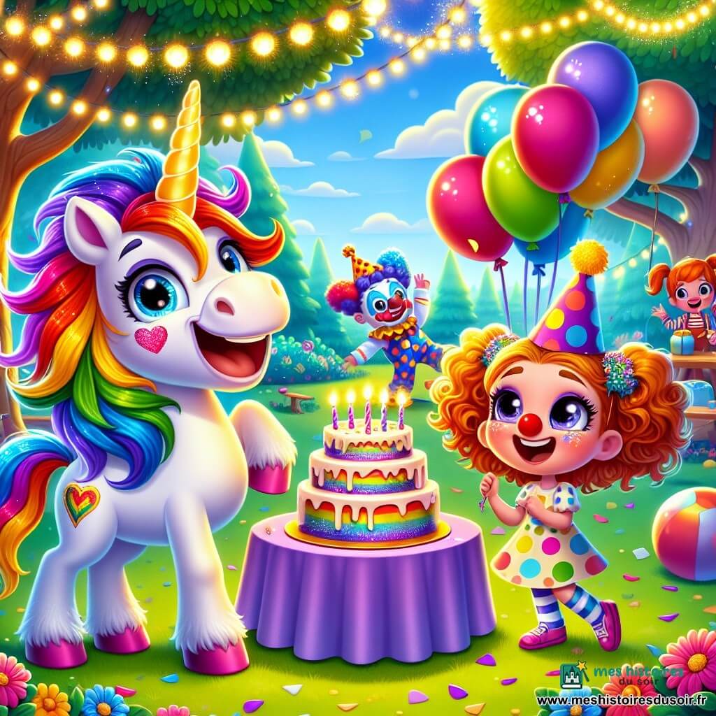 Au centre de l'image, une licorne joyeuse nommée Léo, avec une crinière arc-en-ciel et un sourire éclatant, se tient devant une table décorée de gâteaux et de ballons. À côté de lui, Max, un garçon déguisé en clown, rit en tenant des confettis. En arrière-plan, Mia, une fillette à robe à pois, observe la scène, entourée d'amis cachés derrière les arbres. Le lieu est un square verdoyant avec des fleurs et un grand chêne, sous un ciel bleu. Léo et Max préparent une fête d'anniversaire surprise pour leur ami Tom.