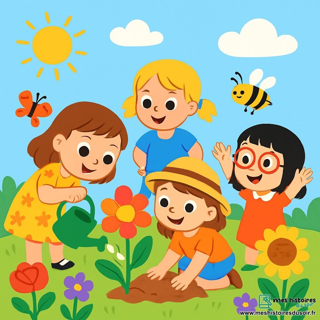 Quatre enfants s'amusent dans un jardin ensoleillé rempli de fleurs colorées. Lou, 6 ans, avec des cheveux bruns, porte une robe jaune à fleurs et se penche vers une belle fleur. Mila, 5 ans, avec des cheveux blonds en couettes, admire la fleur en regardant avec émerveillement. Zoé, 6 ans, cheveux châtains et chapeau de paille, est accroupie, touchant la terre avec un sourire. Lina, 5 ans, cheveux noirs et lunettes rondes, salue une abeille. Les enfants arrosent les fleurs avec un arrosoir, souriants et engagés dans une activité de jardinage, célébrant la nature. Des papillons volent autour des fleurs sous un ciel bleu clair.