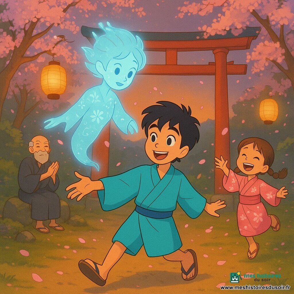 Sora, jeune homme souriant aux cheveux noirs en bataille, danse en tendant la main au crépuscule devant un petit sanctuaire japonais de montagne — torii en bois rouge, lanternes en papier, autel patiné et pierres moussues — tandis qu’un esprit translucide bleu pâle aux motifs floraux flotte devant lui, une fillette de six ans en kimono rose jette des pétales en riant et un vieil homme barbu applaudit doucement : lumière chaude orangée, ombres douces, pétales roses tourbillonnants, atmosphère magique et paisible.