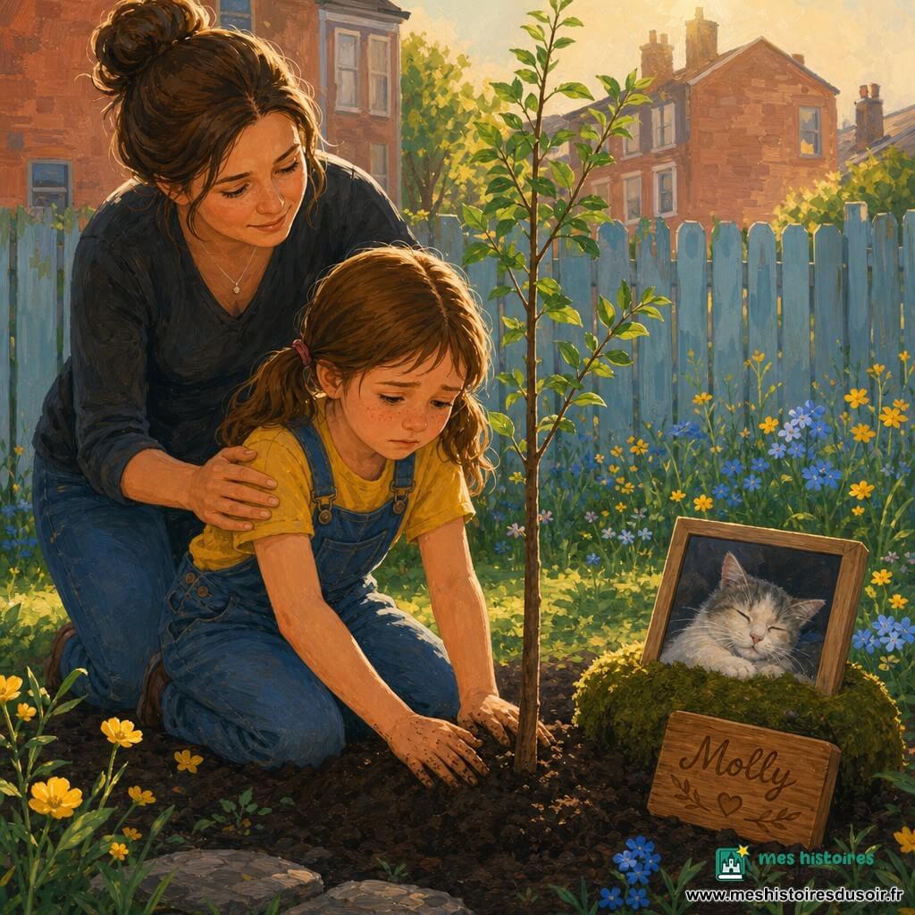 Emma, 8 ans, visage rond, taches de rousseur, cheveux châtains en couettes, yeux brillants et tristes, est agenouillée, mains terreuses couvrant les racines d’un jeune arbre ; sa mère, d’environ 35 ans, cheveux bruns en chignon et expression douce, se tient en retrait la main sur son épaule. Une petite photo posée sur un coussin de mousse près d’une plaque en bois montre un chat blanc et gris endormi et souriant ; la plaque gravée « Molly » est visible au premier plan. Le lieu est un petit jardin urbain à terre sombre, herbes et fleurs sauvages jaunes et bleues, clôture en bois bleu pâle et maisons en briques floues derrière, l’atmosphère est calme et solennelle avec une lumière douce de fin d’après-midi et des couleurs chaudes et poudrées, geste de plantation et de souvenir.