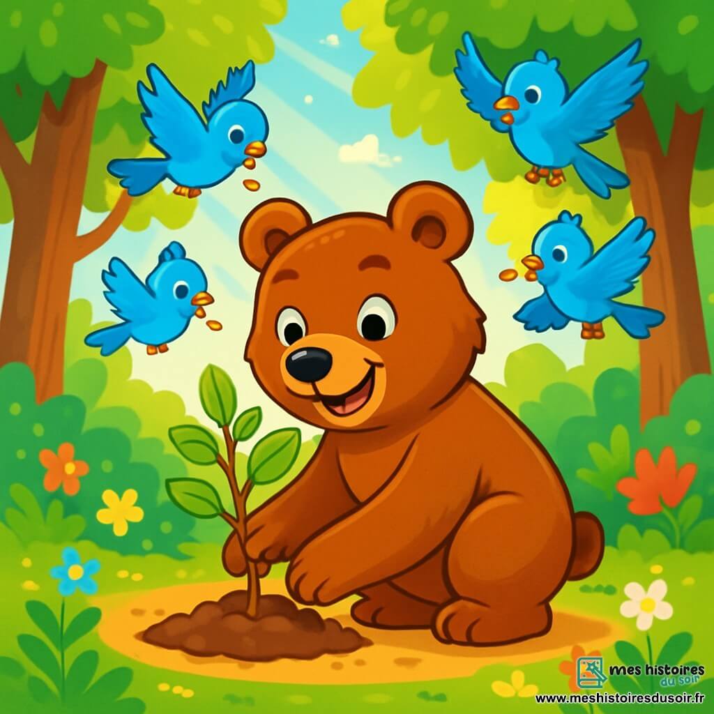 Un ours brun nommé Oscar, au pelage doux et brillant, se tient au centre de la scène, les yeux pétillants de détermination et un large sourire sur le visage. Il plante un jeune arbre dans la terre fertile, entouré de petites fleurs colorées. À côté de lui, un groupe de petits oiseaux bleus aux plumes éclatantes chantent en s'envolant autour d'Oscar, apportant des graines dans leurs petits becs. La scène se déroule dans une forêt verdoyante, avec de grands arbres majestueux et des rayons de soleil filtrant à travers les branches, illuminant le sol parsemé de fleurs sauvages. Oscar et les oiseaux travaillent ensemble pour sauver leur forêt, unissant leurs forces pour planter des arbres et embellir leur environnement, remplis d'espoir et de joie.