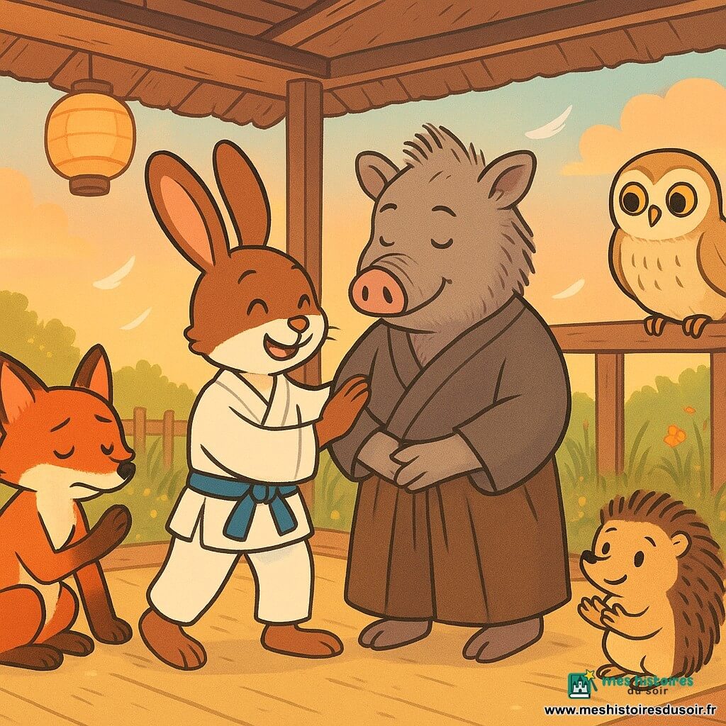 Oscar, petit lapin brun et blanc aux grandes oreilles, concentré et joyeux, porte un kimono blanc avec ceinture bleue et pose une patte sur l’épaule d’un partenaire, patte arrière légèrement levée; Maître Baku, vieux sanglier gris au visage patient, en hakama brun, se tient en retrait les mains jointes; Mina, chouette ronde beige aux grands yeux ambrés, perchée sur une poutre à droite; Kai, renard roux élancé, gêné, se frotte la patte assis à gauche, près de Léo le hérisson petit et souriant qui applaudit doucement; petit dojo de paille en lisière d’un pré avec sol en planches et tapis de sable clair, palissade en bois, lanternes en papier, herbes et fleurs sauvages, lumière chaude du coucher de soleil; scène d’entraînement calme où les animaux jouent au « jeu des plumes » avec touches très légères illustrées par petites plumes flottantes et lignes de mouvement, visages apaisés, atmosphère ludique et sécurisante, couleurs vives et style vectoriel simple adapté à un livre jeunesse.