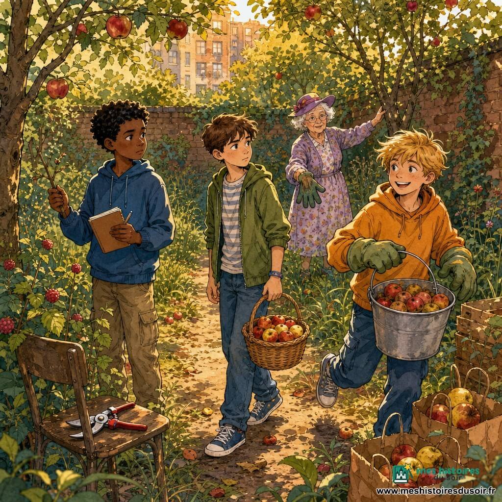 Quatre personnages : Noé, garçon de 12 ans, cheveux châtains courts, poignet avec bracelet bleu, tient au centre un panier de pommes ; Sami, garçon de 12 ans aux cheveux noirs bouclés, carnet et stylo, montre une branche coupée à gauche de Noé ; Théo, garçon de 12 ans aux cheveux blonds ébouriffés, sourire large, gants trop grands et seau plein, à droite de Noé ; Madame Lenoir, femme âgée aux cheveux blancs et chapeau violet, robe à fleurs, se tient derrière près d’un pommier et tend des gants avec un air bienveillant. Lieu : petit verger urbain derrière un immeuble avec trois pommiers, herbes hautes, framboisiers, chemin de terre, vieux mur de briques couvert de lierre, lumière douce du soir, feuilles et pommes au sol. Situation : les garçons aident Madame Lenoir à ramasser des pommes et à couper une petite branche cassée ; panier de pommes, seau de fruits abîmés, sécateur sur une chaise et sacs étiquetés « à donner ». Style : composition en trois plans, contours nets à l’encre et lavis chauds pour les vêtements et le verger.