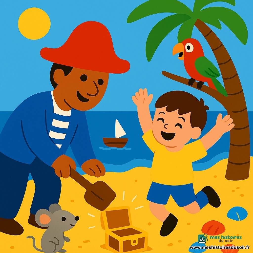 Le capitaine Tom, souriant avec un grand chapeau rouge et une veste bleue à rayures blanches, tient une pelle en bois et ouvre une petite boîte brillante sur une plage dorée; à ses côtés Léo, un garçon d'environ 6 ans aux cheveux bruns et chemise jaune, saute de joie, une petite souris grise nommée Mila se tient debout près des pieds du garçon en regardant la boîte, et un perroquet vert et rouge, Coco, perché sur un palmier bat des ailes; coquillages colorés, vagues calmes et un petit bateau en bois en arrière-plan, ambiance ensoleillée, couleurs vives et silhouettes simples adaptées aux tout-petits.