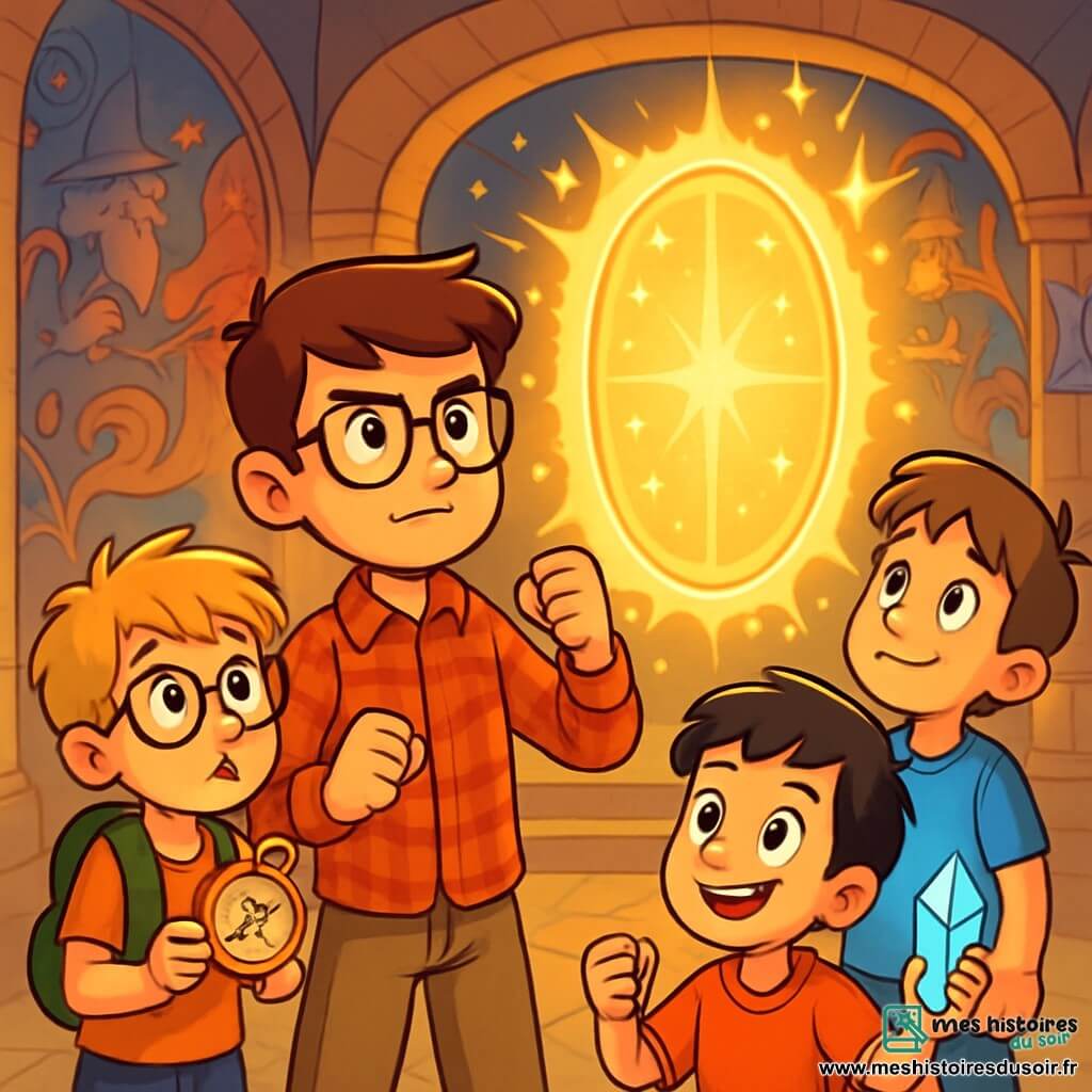 Quatre enfants se tiennent dans une grande salle mystérieuse. Maxime, 12 ans, cheveux bruns et lunettes, est au centre, regardant la Barrière magique. À gauche, Hugo, 11 ans, cheveux blonds en bataille et lunettes rondes, tient une boussole brillante. À droite, Lucas, 10 ans, cheveux châtains et t-shirt bleu, rêve d'aventures. Théo, 9 ans, le plus petit, avec des cheveux noirs et un sourire espiègle, se tient en arrière avec un cristal bleu. La salle est ornée de fresques colorées et la Barrière scintillante flotte au centre, entourée d'une lumière dorée. Les enfants, chacun tenant un artefact magique, affichent des expressions de détermination, prêts à protéger leur ville des forces obscures.