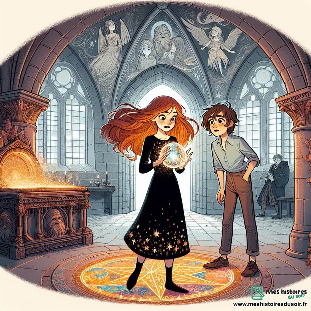 Lucie, une apprentie sorcière de 12 ans, se tient au centre d'une salle circulaire magique, les yeux écarquillés d'émerveillement. Elle a de longs cheveux cuivrés et porte une robe noire ornée de motifs étoilés. Dans ses mains, elle tient une sphère de cristal lumineuse. À ses côtés, Julien, un garçon de 12 ans, fils d'un boulanger, l'observe avec fascination, les mains dans les poches et un sourire émerveillé. La salle est décorée de fresques anciennes, avec des murs en pierre grise et un plafond voûté. Une lumière dorée émane de l'autel central où repose la sphère, créant une ambiance magique. Lucie et Julien découvrent le secret de cette salle cachée, entourés d'une aura de magie, prêts à percer les mystères de la sorcellerie ancienne.