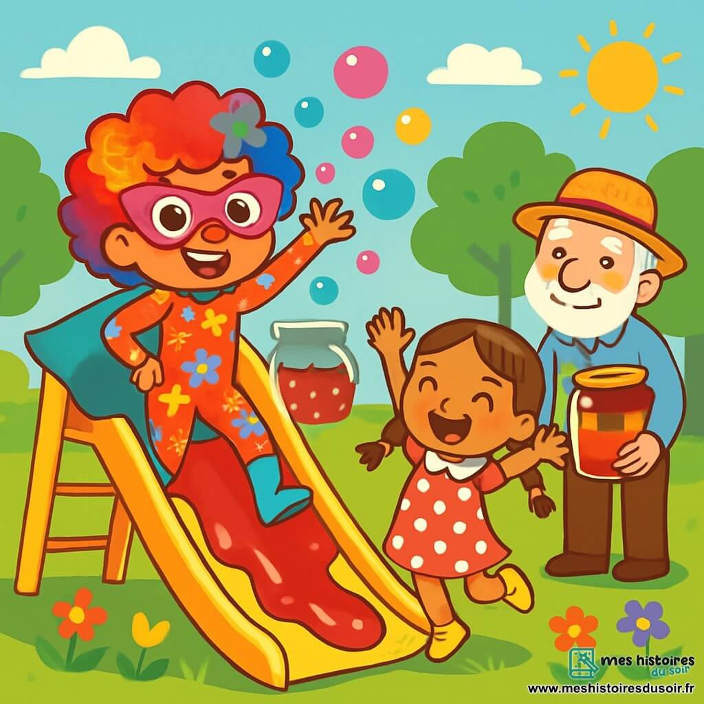 Lili Super-Bizarre est une jeune fille aux cheveux bouclés et colorés, vêtue d'un costume brillant à motifs de fleurs. Elle sourit joyeusement, prête à glisser sur une glissade entourée de bulles colorées. À côté d'elle, Nina, une petite fille de 6 ans avec des tresses et une robe à pois, saute de joie, les bras levés. Papy Gaston, un homme âgé avec une barbe blanche et un chapeau de paille, sourit en tenant un pot de confiture de fraise. Le parc est ensoleillé, avec des arbres verts et des fleurs colorées. Lili utilise ses pouvoirs pour faire apparaître des bulles transportant la confiture sur la glissade, tandis que Nina et Papy applaudissent, créant une atmosphère festive.