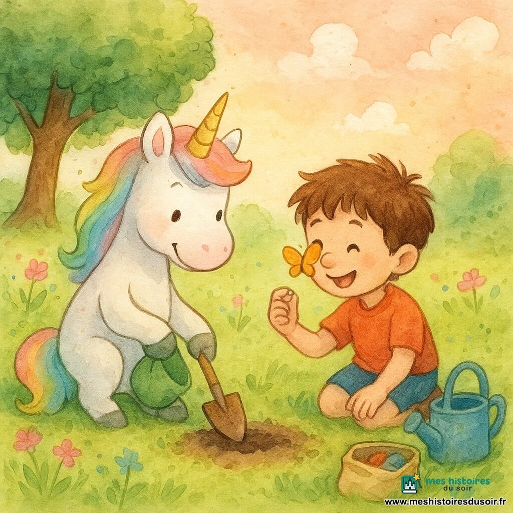 Lila la licorne blanche au pelage doux, crinière arc‑en‑ciel pastel et corne dorée scintillante, et Tom, un garçonnet de 5 ans aux cheveux bruns en bataille, genoux à terre, plantent ensemble une graine tandis qu’un papillon jaune et orange se pose sur le nez de Tom ; ils ramassent des déchets (sac contenant papier et canette) avec une petite pelle en bois et une tasse d’eau, dans un parc herbeux dominé par un grand chêne aux feuilles rondes, fleurs sauvages roses et bleues et ciel rose pâle au coucher du soleil, la scène centrée, lumière chaude, ombres douces et ambiance calme et optimiste.