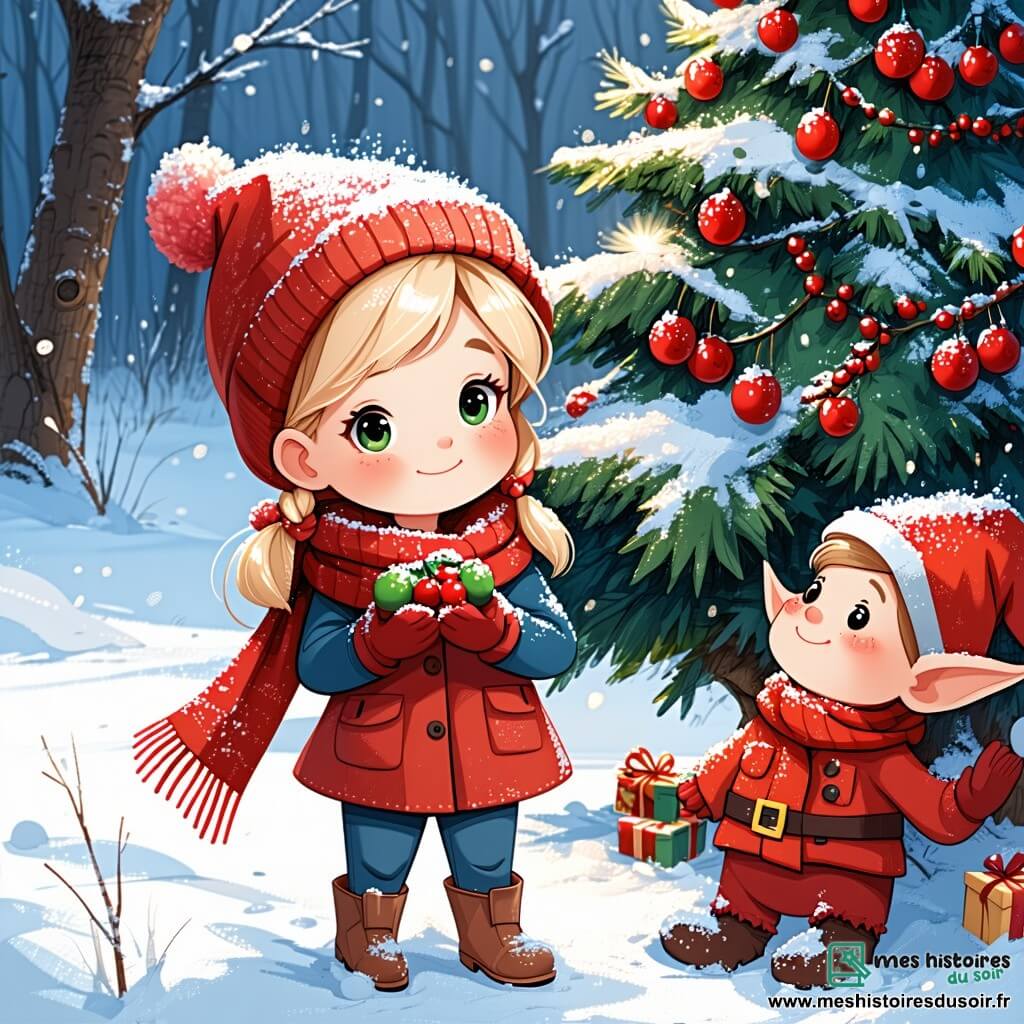 Célia, une petite fille de 7 ans aux cheveux blonds et aux yeux curieux, se tient dans une clairière enneigée, souriante. Elle porte une écharpe rouge et des gants en laine, décorant un grand arbre de Noël avec des baies colorées. À ses côtés, Pépito, un elfe joyeux aux oreilles triangulaires, saute de bonheur, entouré d'un lapin, d'un renard et d'un hibou, tous admirant Célia. Dans cette forêt enchantée, des arbres majestueux sont couverts de neige scintillante et des étoiles de Noël illuminent la scène d'une lumière magique. Célia et ses amis décorent le sapin, créant une ambiance festive remplie de rires et de partage, tandis que des flocons de neige dansent autour d'eux.