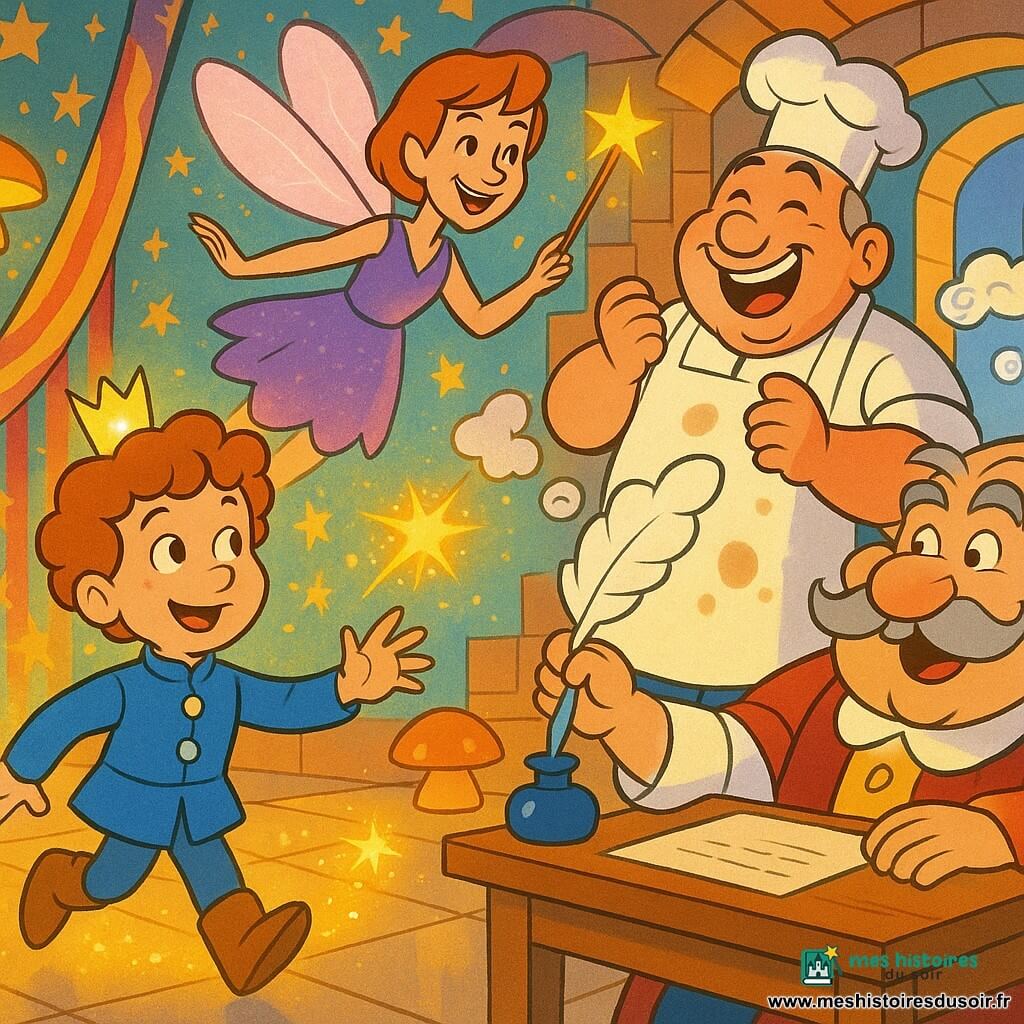 Le prince Lolo, garçon aux cheveux châtain clair bouclés et petite couronne dorée, sourit, un peu étonné, et suit de la main un fil d’étincelles dorées pour attraper le Sort Rigolard; la fée Zéphyrine, mince et joyeuse, aux ailes translucides rose pâle et robe violette scintillante, flotte à sa gauche en agitant une baguette qui laisse des paillettes; à droite, le cuisinier Barnabé, homme rond et sympathique en toque blanche et tablier taché, rit en tenant une louche d’où jaillissent des bulles en forme de moustaches; le roi Roland, moustache grise exagérée, assis près d’une fenêtre, tente de signer des papiers pendant qu’une plume lui chatouille le nez et regarde amusé vers le prince; le tout se déroule dans un grand couloir de château coloré aux murs étoilés, rideaux rayés qui semblent chanter, sol carrelé brillant et lampes champignon émettant une lumière dorée, créant une scène drôle, chaleureuse et magique.