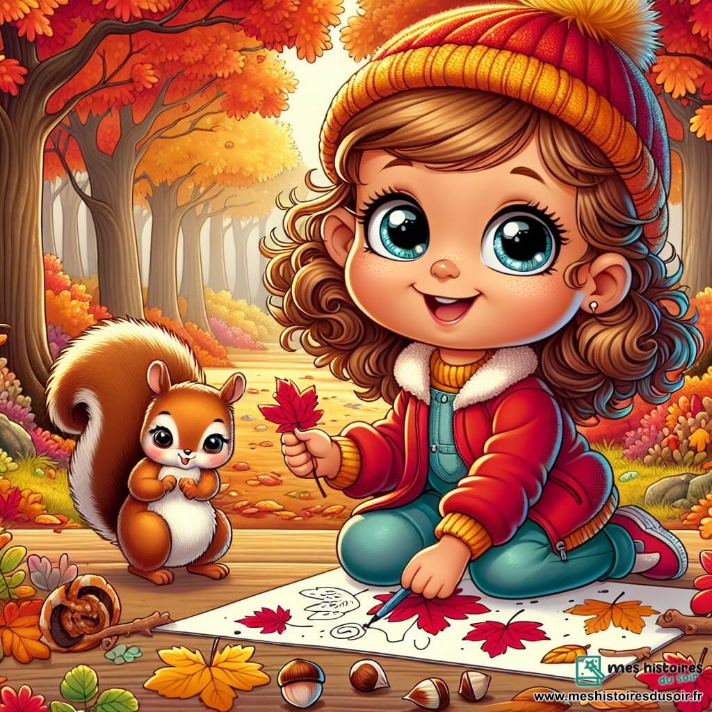 Une petite fille de 4 ans, Lila, avec de grands yeux brillants et des cheveux bouclés, sourit en tenant des feuilles d'automne colorées. Elle porte une veste rouge et un bonnet jaune. À côté d'elle, un écureuil espiègle grignote une noisette sur une branche, observant Lila. Le décor est une forêt enchantée en automne, avec des arbres aux couleurs éclatantes et un sol tapissé de feuilles. Lila dessine sur une grande feuille de papier, ajoutant des petits animaux à son œuvre, heureuse de capturer la beauté de l'automne.