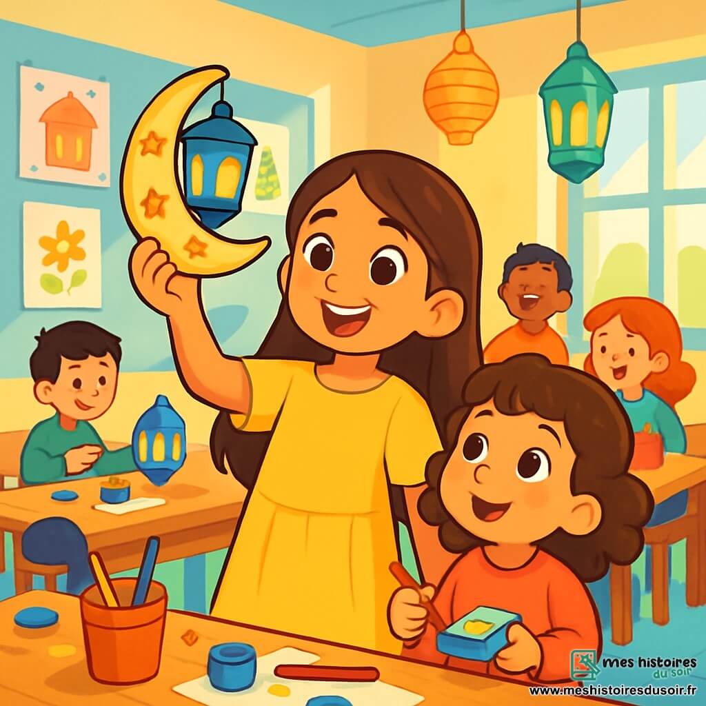 Une fille de 8 ans, Leïla, sourit joyeusement en tenant une lanterne en forme de lune décorée d'étoiles dorées. Elle porte une robe jaune éclatante. À côté d'elle, sa petite sœur de 5 ans l'observe avec admiration, tenant une boîte de peinture. Le décor est une salle de classe lumineuse avec des murs ornés de dessins colorés et des fenêtres laissant entrer la lumière. Des tables en bois sont couvertes de fournitures artistiques, et des lanternes en papier décorent la pièce. Leïla et sa sœur décorent des lanternes pour le Ramadan, entourées de camarades de classe qui s'amusent à peindre et à discuter joyeusement, créant une ambiance festive remplie de rires et de créativité.