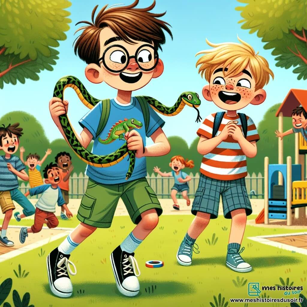 Maxime, un garçon de 10 ans aux cheveux bruns en bataille et lunettes rondes, sourit en tenant un faux serpent en plastique. Il porte un t-shirt bleu avec un dinosaure et un short vert. À ses côtés, Lucas, également âgé de 10 ans, cheveux blonds et taches de rousseur, rit aux éclats, mains sur les hanches, vêtu d'un t-shirt rayé et d'un pantalon court. Ils sont dans la cour de l'école, entourés de camarades courant dans tous les sens, certains riant, d'autres feignant la peur. La cour est animée avec des jeux colorés, des bancs en bois et de grands arbres offrant de l'ombre. Maxime fait sa blague avec le faux serpent, provoquant rires et cris amusés, illustrant l'esprit de camaraderie.