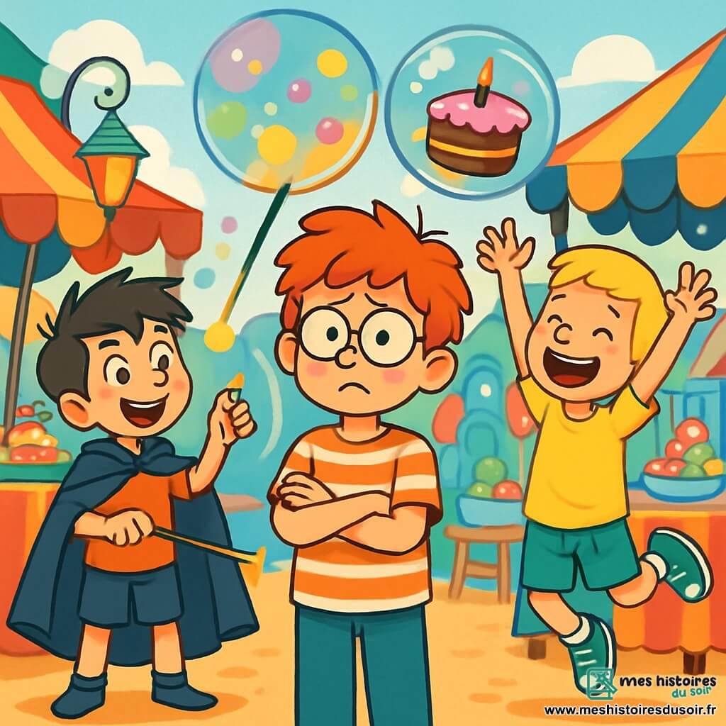 Il y a trois personnages : Oscar, un garçon de 9 ans avec des cheveux roux en bataille et des lunettes rondes, se tient au centre, l'air perplexe. Romain, 10 ans, avec des cheveux bruns en désordre, porte une cape de magicien et sourit en pointant une baguette à bulles colorées à gauche d'Oscar. Léo, 9 ans, avec des cheveux blonds courts et un short à motifs, saute à droite d'Oscar, essayant d'attraper un gâteau flottant dans une bulle. L'action se déroule dans un marché coloré avec des stands vifs, des lampadaires chantants et des ballons multicolores. Les trois amis essaient d'attraper des gâteaux flottants dans des bulles, tandis qu'Oscar semble désespéré, Romain rit et Léo est enthousiaste.