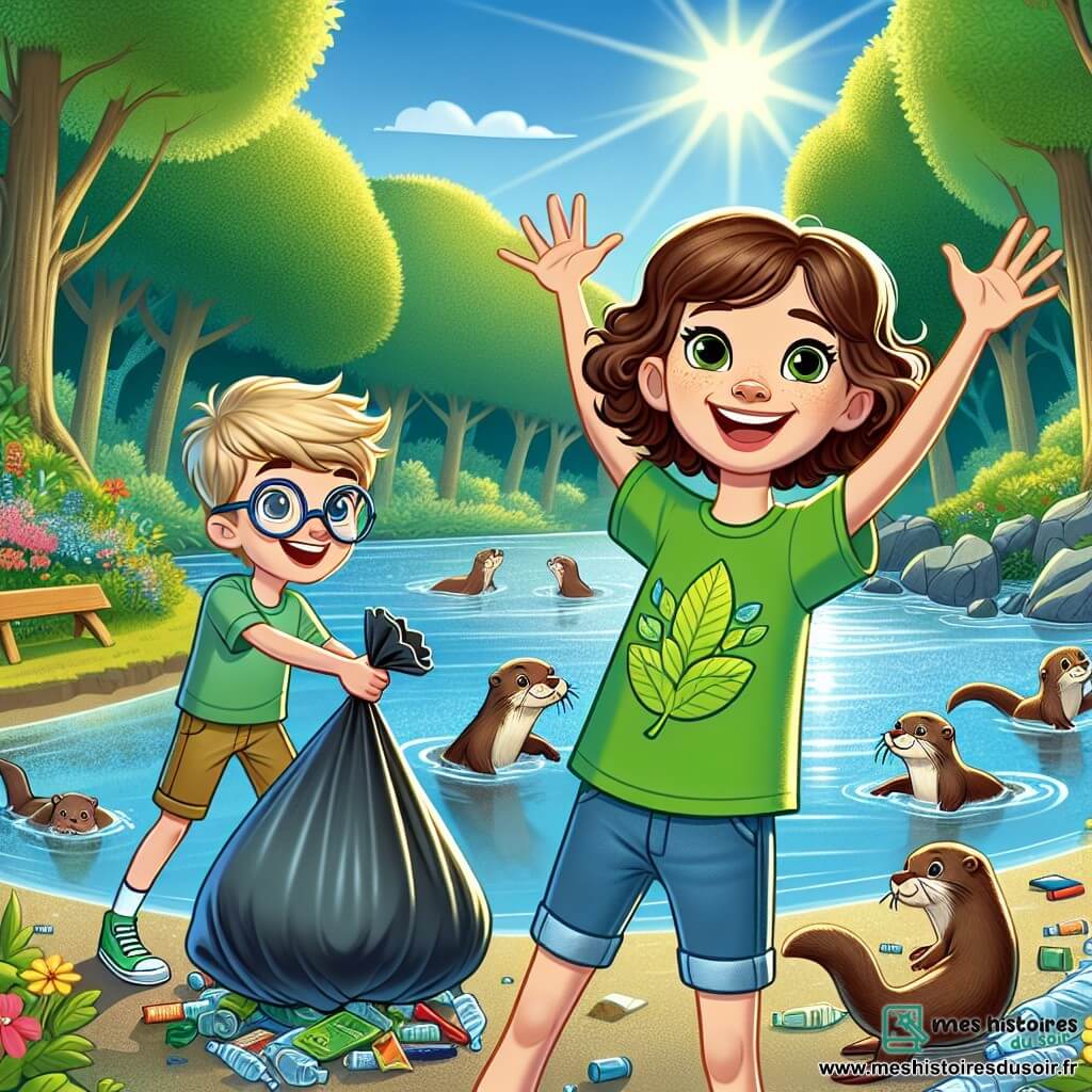 Clara, une fille de 12 ans aux cheveux châtains bouclés et aux yeux curieux, se tient au bord d'une rivière scintillante. Elle porte un t-shirt vert vif avec un motif de feuille et un short en denim, souriante avec les bras levés. À ses côtés, Lucas, un garçon de 12 ans aux cheveux blonds et lunettes rondes, tient un sac poubelle rempli de déchets, déterminé dans sa tâche. Le décor est une forêt verdoyante avec des arbres majestueux, des fleurs colorées et un ciel bleu, où la lumière du soleil filtre à travers les feuilles. La rivière claire serpente entre les rochers, et des loutres jouent dans l'eau. Clara et Lucas ramassent des déchets pour nettoyer la rivière, illustrant l'importance de la protection de l'environnement.