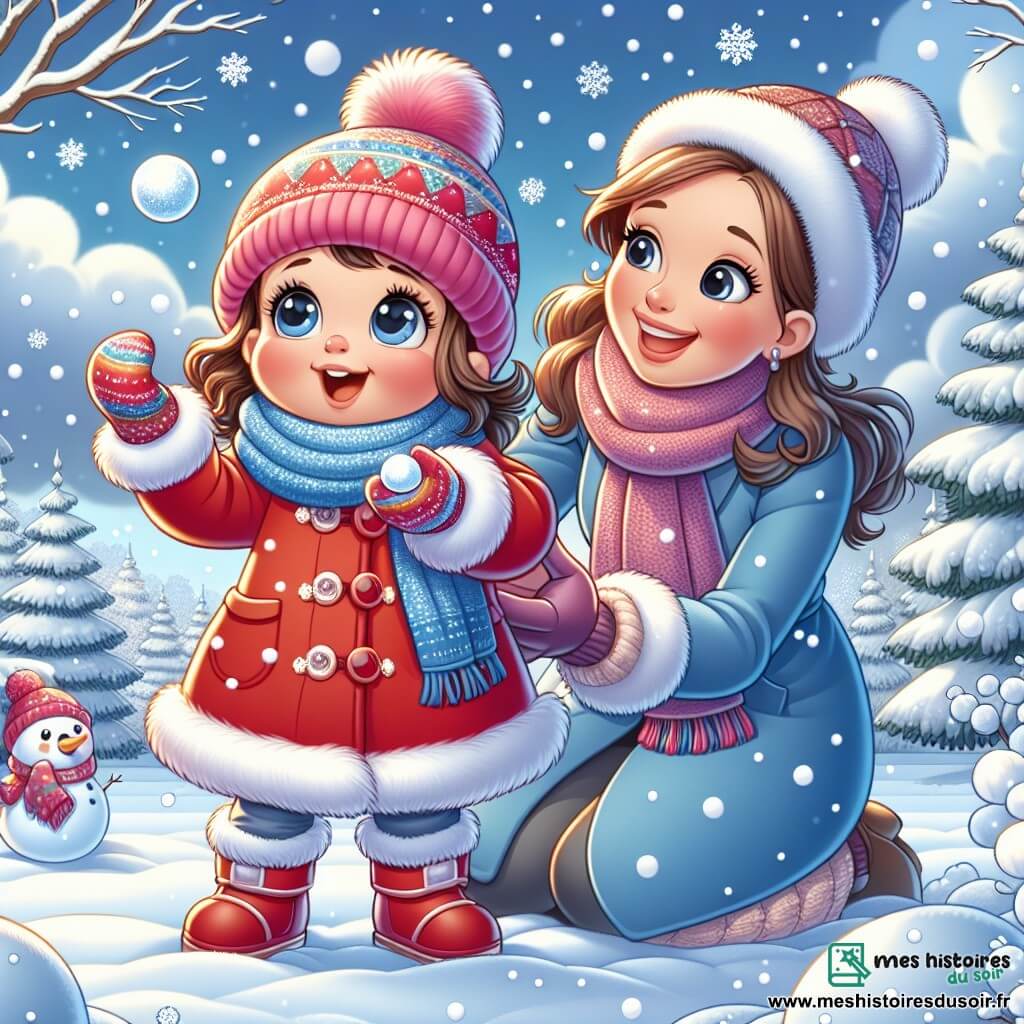Une petite fille de 1 an, avec de grands yeux brillants et des joues roses, porte un manteau rouge vif, un bonnet en laine et des gants colorés. Elle sourit en levant les bras pour attraper des flocons de neige. À côté d'elle, sa maman, une femme d'une trentaine d'années avec les cheveux bruns en chignon et un manteau bleu, la regarde avec tendresse tout en tenant une tasse de chocolat chaud. Le décor est un parc hivernal avec des arbres couverts de neige, un ciel bleu clair et un sol tapissé de neige. La petite fille joue dans la neige, faisant une boule pour créer un bonhomme de neige, tandis que des flocons dansent autour d'elle.