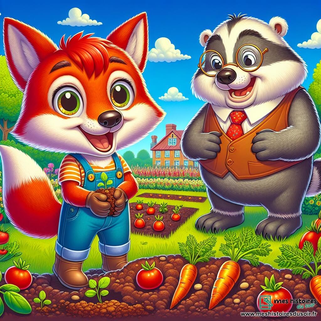 Un jeune renard aux poils roux éclatants, avec de grands yeux brillants et un sourire joyeux, se tient au centre d'un jardin communautaire luxuriant, en train de planter des graines avec une expression d'excitation. À côté de lui, un vieux blaireau au pelage gris, Monsieur Chêne, sourit chaleureusement en l'observant. En arrière-plan, le jardin est rempli de légumes colorés sous un ciel bleu avec des nuages blancs. La scène dégage une atmosphère joyeuse, illustrant la magie de l'entraide pendant les vacances d'été.