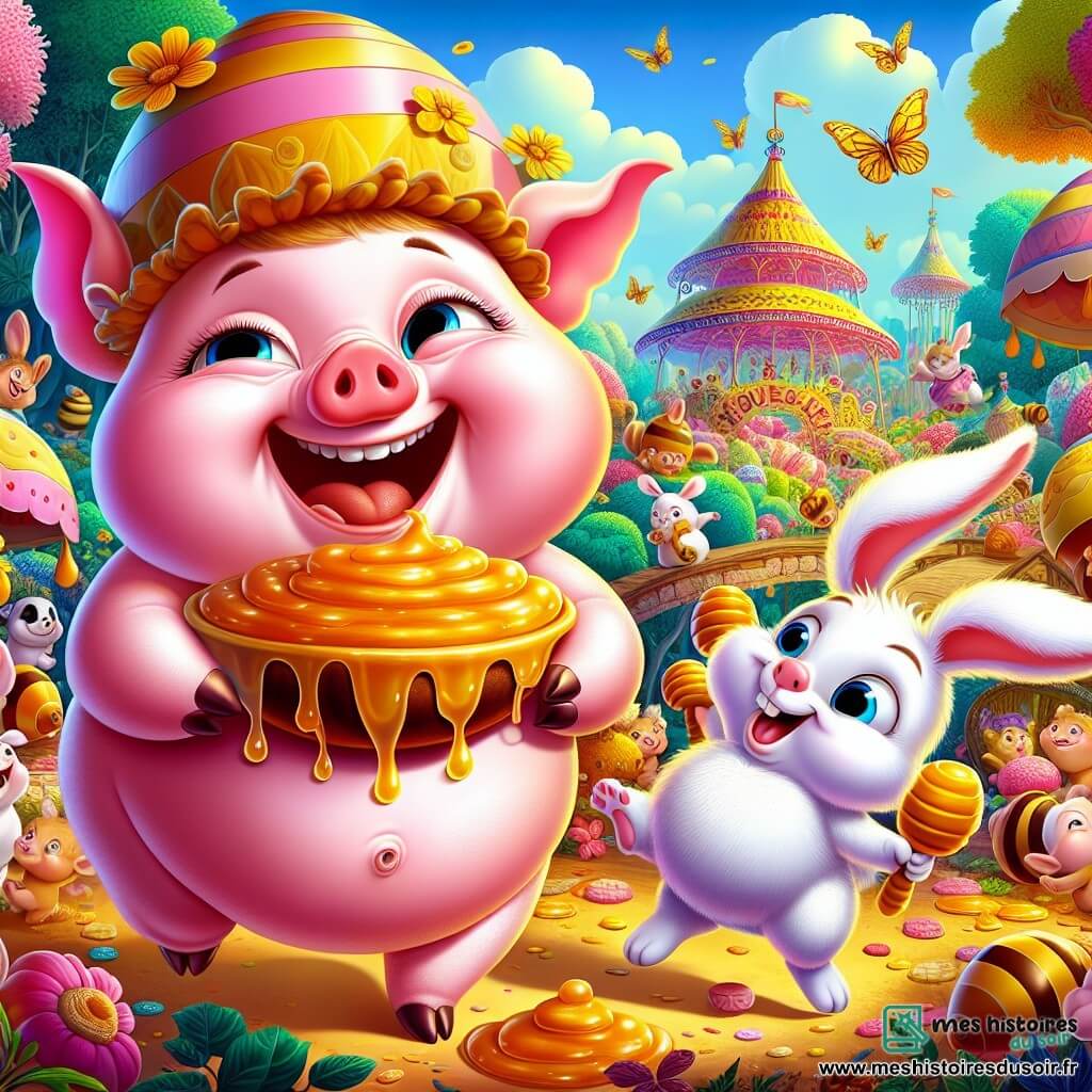Un petit cochon nommé Gogo, avec une peau rose éclatante et un ventre rond, est au centre de l'image, riant tout en tenant un pot de miel. À sa droite, Loulou le lapin, avec un pelage blanc et un chapeau en forme de carotte, jongle maladroitement avec des pots de miel. En arrière-plan, la forêt enchantée de Boubouland est colorée et festive. La scène montre Gogo et ses amis célébrant leur victoire au concours de blagues, entourés de rires et de délices sucrés, avec des animaux dansant sous un ciel bleu.