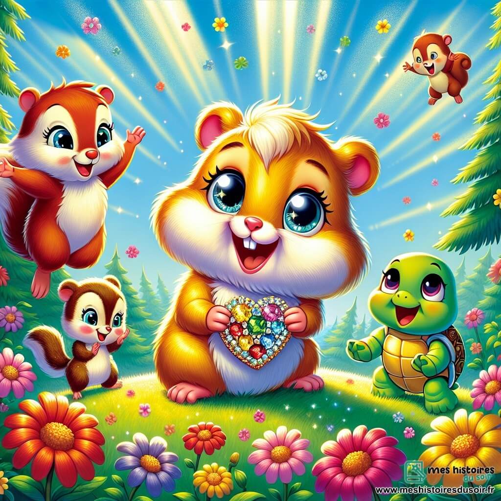 Au centre de l'image, un hamster doré nommé Hugo, avec de grands yeux et un sourire, tient un bijou en forme de cœur fait de fleurs et de cailloux. Il est entouré de ses amis : Émile, un écureuil roux qui saute de joie, et Thérèse, une tortue à carapace verte qui applaudit. La scène se déroule dans une clairière ensoleillée de la forêt, avec des fleurs multicolores et un ciel bleu parsemé de nuages. Ils célèbrent la fête des mères, tandis que Madame Hamster, une maman douce avec un pelage brun, les regarde avec amour.