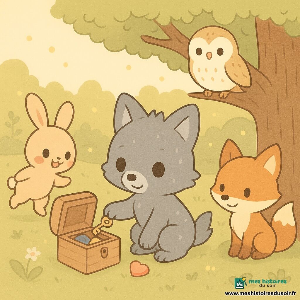 Petit loup Léo au pelage gris et yeux brillants, accroupi devant une petite boîte en bois en train d’en tourner la clé, entouré de Rose la lièvre beige-rosé sautillant à gauche, Mina la chouette crème perchée sur une branche, Flore la renarde rousse assise près d’un tronc à droite et Pierre le héron bleu-gris au bord d’un ruisseau en arrière-plan ; dans une clairière sous un vieux chêne creux, parmi mousse, souche, petites fleurs, rivière et cascade, lucioles et lumière matinale dorée, la boîte s’ouvre pour révéler une plume bleue, un caillou en forme de cœur poli et une mèche de poil doré, ambiance chaleureuse et intime, composition centrée sur Léo, couleurs pastel et formes rondes.