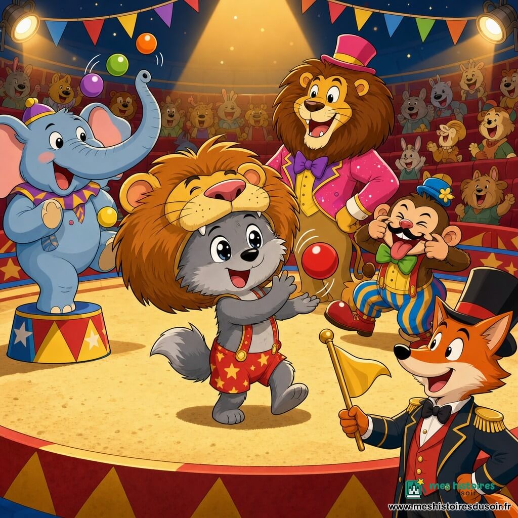 Petit loup anthropomorphe au pelage gris et aux grands yeux ronds, expression joyeuse, coiffé d'un chapeau de lion trop grand et jonglant maladroitement avec une balle rouge; derrière lui un lion costumé souriant, chapeau rose de travers, le regarde avec fierté; à gauche, un éléphant bleu clair à la trompe levée jongle calmement avec des balles colorées; à droite, un petit singe clown moustachu grimace et rit bruyamment; un renard en redingote, directeur du cirque, agite un grand drapeau doré près du bord de la piste; la piste sableuse circulaire, entourée de gradins rouges et jaunes, est illuminée par des projecteurs chauds formant un halo, des fanions colorés flottent au-dessus, le petit loup est au centre sous un grand faisceau tandis que les animaux applaudissent, ambiance festive, couleurs vives, formes simples et contours nets.