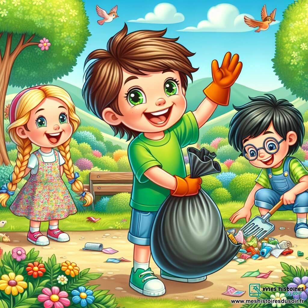 Un garçon de 6 ans, Tom, avec des cheveux bruns en bataille et des yeux pétillants, porte un t-shirt vert vif et un short bleu. Il sourit en tenant un grand sac poubelle rempli de déchets colorés, prêt à nettoyer le parc. À ses côtés, Clara, une fille de 6 ans aux longs cheveux blonds tressés et en robe à fleurs, l’encourage avec un gant de jardinage. Lucas, un garçon aux cheveux noirs et lunettes rondes, est accroupi en ramassant un papier avec concentration. Le parc est verdoyant avec de grands arbres, des fleurs colorées et un ciel bleu clair. Tom et ses amis rient et s’amusent en ramassant des déchets pour rendre le parc propre et accueillant.