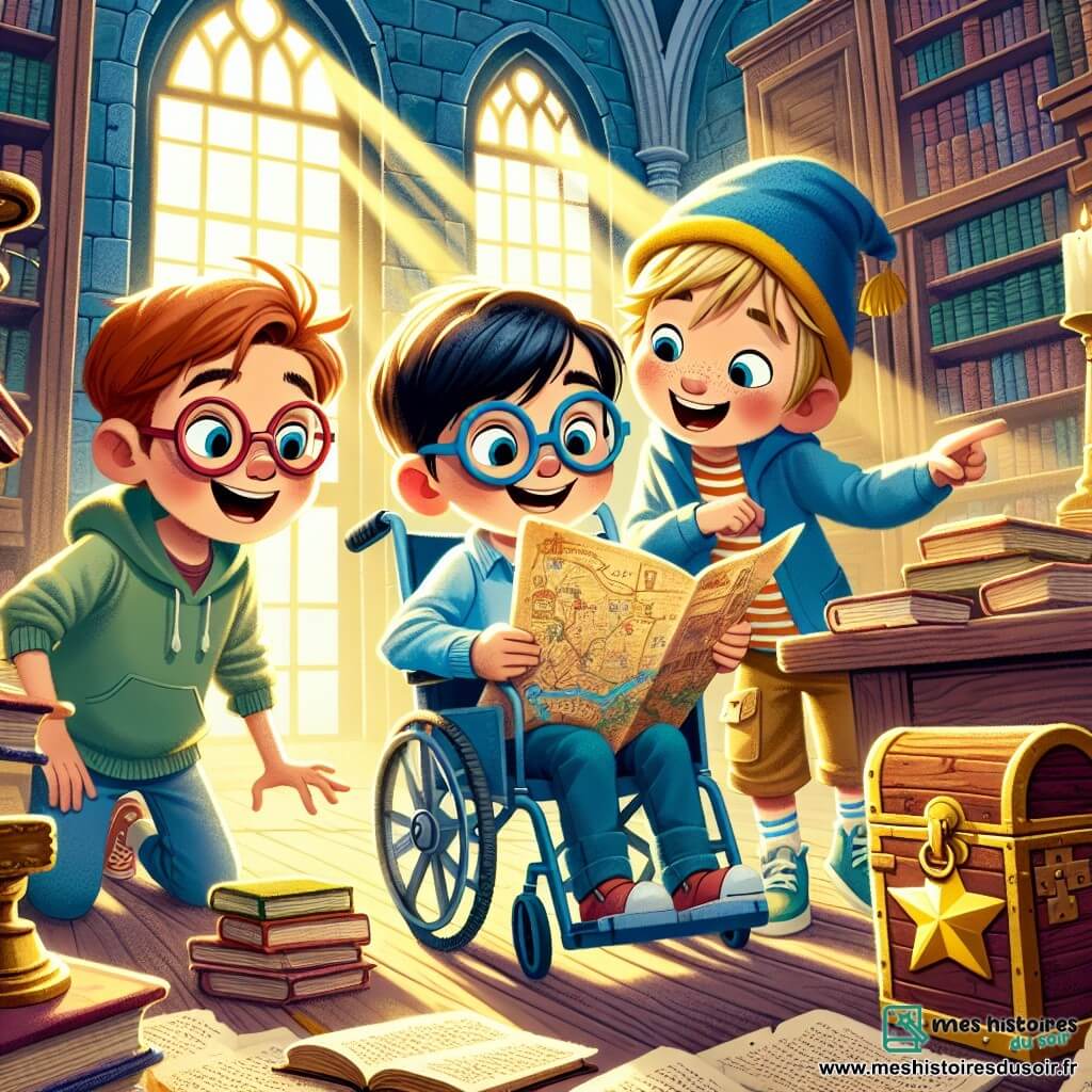 Léo, un garçon de 8 ans, est assis dans son fauteuil roulant bleu, souriant et tenant une vieille carte. À ses côtés, Tom, également âgé de 8 ans et portant des lunettes rouges, observe la carte avec curiosité. Max, le troisième garçon de 8 ans avec un chapeau jaune, se penche pour montrer un livre brillant dans la bibliothèque. La scène se déroule dans une bibliothèque ancienne avec des étagères en bois remplies de livres poussiéreux et des rayons de lumière filtrant à travers de grandes fenêtres. Au fond, une porte légèrement ouverte laisse entrevoir un monde d'aventures. Les trois amis découvrent un coffre secret sous un bureau, entouré de lettres anciennes parlant d'un trésor d'amitié, affichant des expressions d'excitation et de surprise.