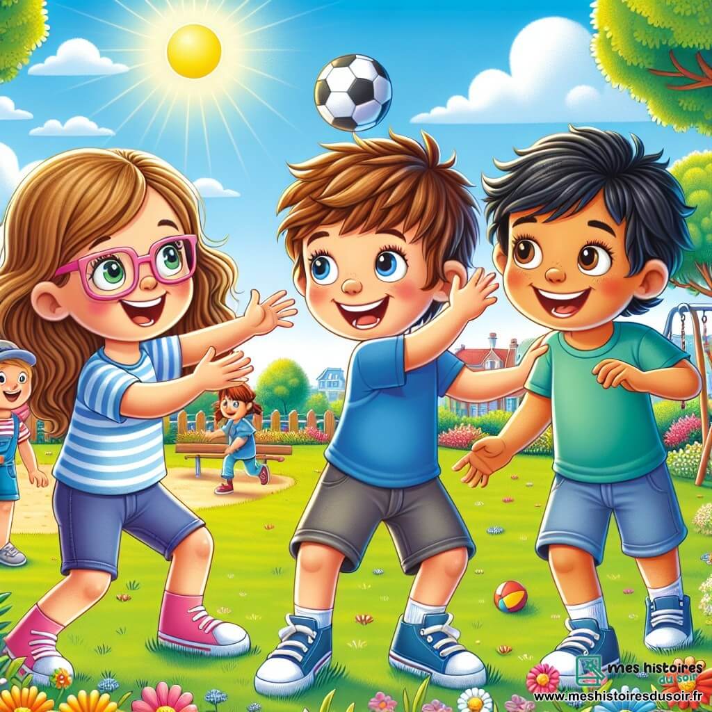Dans un parc ensoleillé, trois amis jouent ensemble. Emma, 7 ans, avec de longs cheveux bruns et des lunettes roses, sourit en lançant un ballon. Léo, 7 ans, avec des cheveux blonds et un t-shirt bleu, applaudit. Samir, 6 ans, aux cheveux noirs et à la peau mate, attrape le ballon en souriant. Le parc est rempli de fleurs colorées, d'arbres verts et d'un ciel bleu. Les amis s'amusent à jouer au ballon, riant et courant ensemble, illustrant leur amitié.