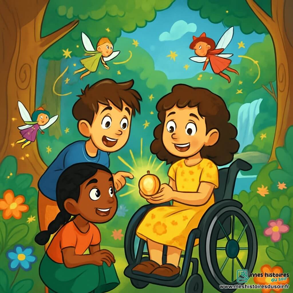 Il y a trois personnages : Élise, une fille de 10 ans aux cheveux châtains bouclés, souriante dans son fauteuil roulant, tenant un médaillon brillant ; Lucas, un garçon de 10 ans aux cheveux bruns en bataille, debout à côté d'Élise, émerveillé et pointant le médaillon ; et Naïma, une fille de 10 ans avec des cheveux noirs tressés, accroupie devant eux, fascinée par le médaillon. L'action se déroule dans une forêt enchantée avec de grands arbres, des fleurs multicolores et des fées scintillantes. Les amis découvrent le médaillon magique, illuminé, tandis qu'un vent léger fait danser les feuilles, prêts pour une aventure fantastique.