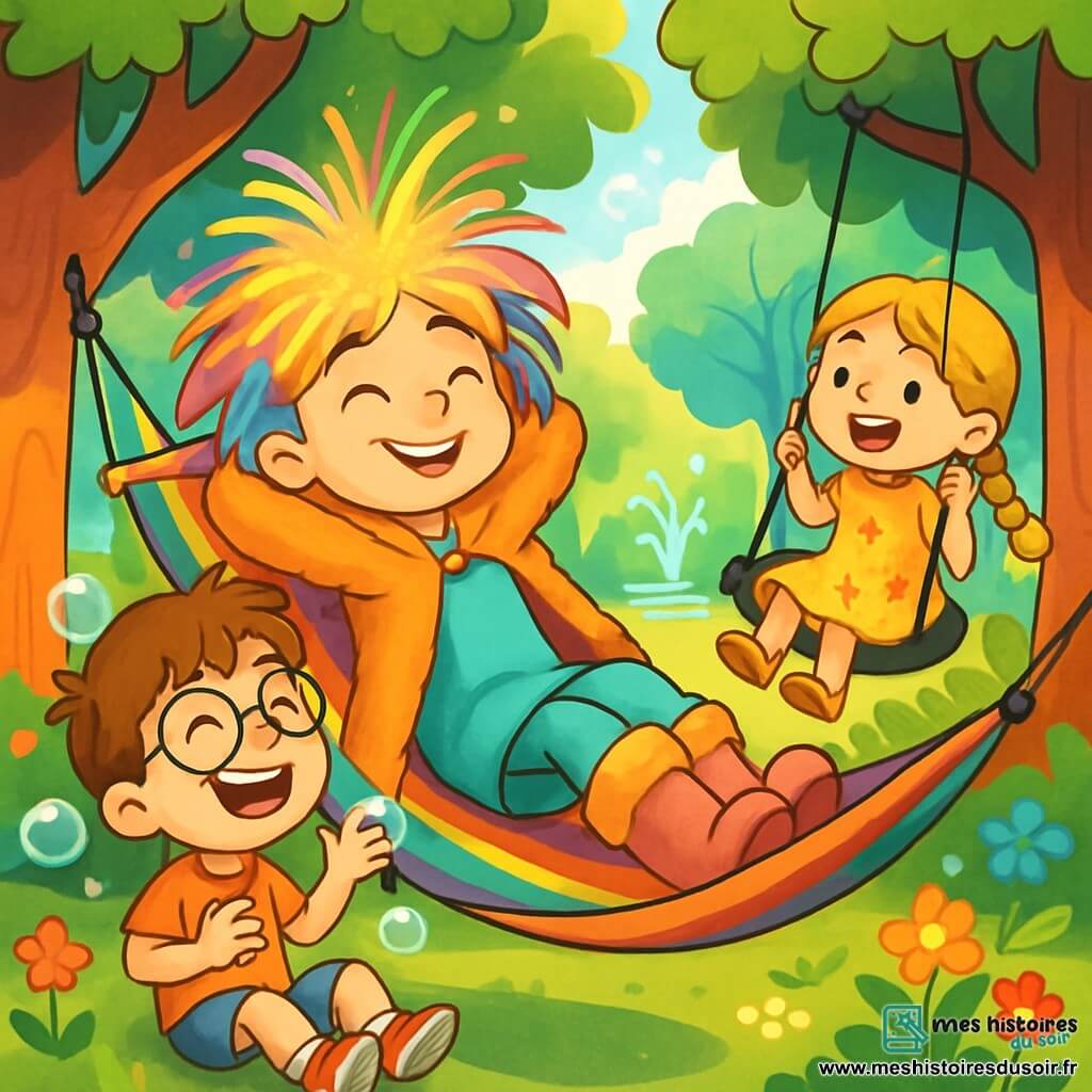 Luminia, une jeune femme aux cheveux brillants, porte une cape douce et des bottes qui font “pouf-pouf” à chaque pas. Elle sourit joyeusement, les yeux pétillants, assise sur un hamac arc-en-ciel. À côté d'elle, Max, un petit garçon de 8 ans avec des lunettes rondes, rit en observant des bulles de savon. Mia, une fille de 7 ans avec des tresses dorées, se balance joyeusement sur une balançoire en réglisse. La scène se déroule dans la magique Forêt-Château des Héros, remplie d'arbres colorés et de fleurs éclatantes, où ils s'amusent ensemble, prêts pour de nouvelles aventures.