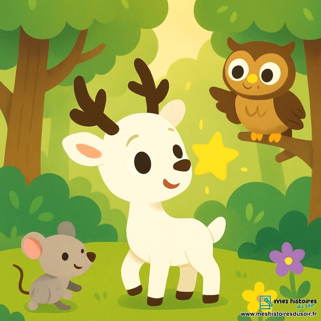 Un petit renne au pelage blanc éclatant, avec de grands yeux curieux, se tient au centre de la scène, émerveillé par une étoile brillante sur son museau. À sa droite, un petit hibou aux plumes brunes, perché sur une branche, l'observe avec bienveillance. À gauche, une petite souris grise trottine joyeusement sur la mousse verte. La scène se déroule dans une forêt enchantée, avec des arbres majestueux et des fleurs colorées. Le renne, fasciné par l’étoile, tend son museau vers le ciel, prêt à aider un oiseau tombé du nid, entouré de ses amis admiratifs.