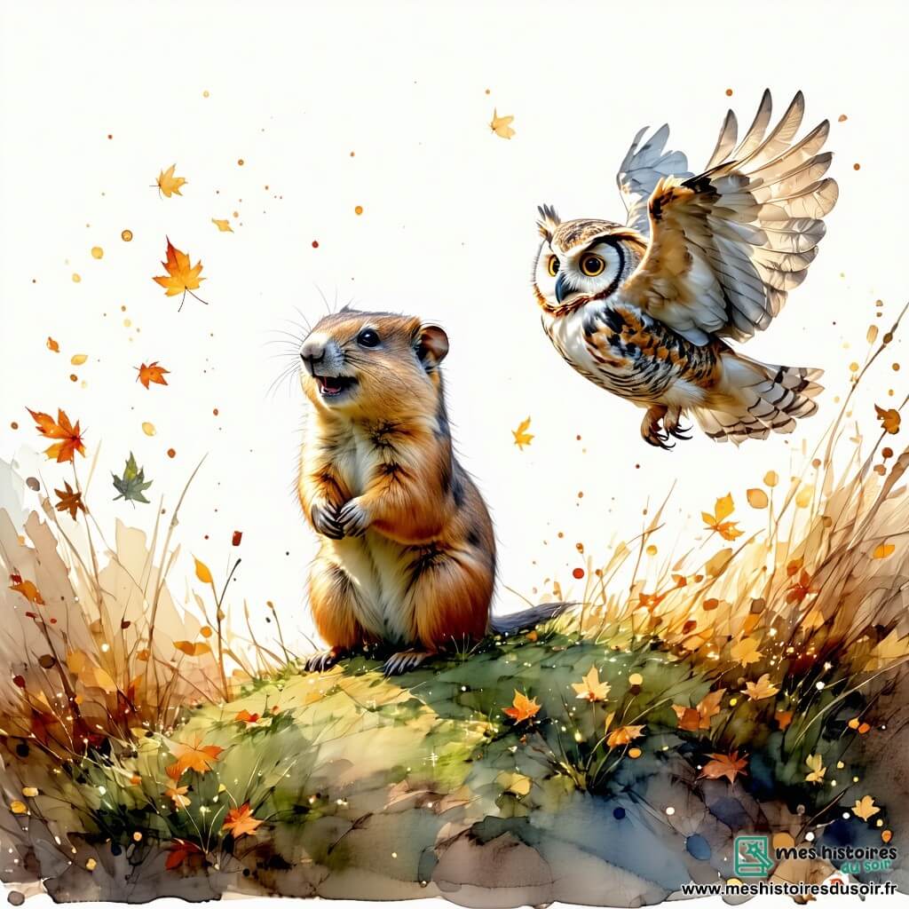 Une petite marmotte nommée Mabelle, au pelage brun doux et aux yeux pétillants, se tient au sommet d'une colline couverte de feuilles d'or, prête à découvrir la magie qui l'entoure. À ses côtés, un hibou nommé Henri vole gracieusement, tandis qu'une petite souris nommée Léa se faufile entre les fleurs et qu'un lièvre nommé Gaston bondit autour d'eux. Le lieu est une colline enchantée, baignée de lumière dorée, entourée de fleurs colorées et d'un léger brouillard mystérieux. Mabelle et ses amis sont unis, prêts à affronter une ombre malfaisante, illuminés par la lumière de leur amitié.