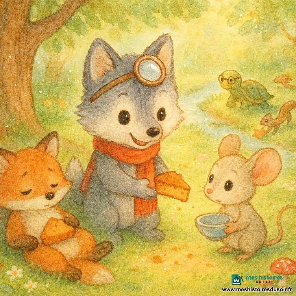 Petit loup détective gris au pelage doux et écharpe rouge tend délicatement un morceau de gâteau, petite loupe en papier sur le front, tandis qu’à sa droite une petite souris beige aux grandes oreilles tient un bol vide; à gauche, un petit renard roux à moitié endormi a un coin de gâteau sur le ventre, et en arrière-plan une tortue aux lunettes et une belette jouent et observent la scène; le tout se déroule dans une clairière sous un grand chêne aux racines apparentes, tapis d’herbe, fleurs et champignons, ruisseau scintillant, ambiance chaleureuse de partage et de lumière douce.