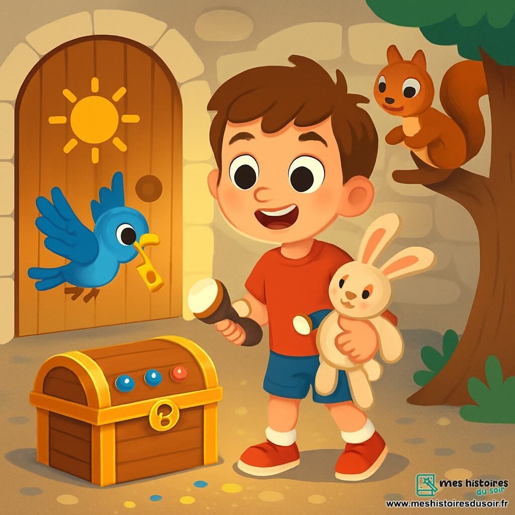 Léo, un garçon de 6 ans aux grands yeux curieux et au sourire éclatant, se tient devant une porte en bois décorée de dessins de soleil et de lune. Il porte un t-shirt rouge et un short bleu, tenant une lampe de poche et un doudou lapin, affichant une expression d'excitation. À côté de lui, un oiseau bleu aux plumes brillantes vole joyeusement avec une clé dorée dans le bec. Plus loin, un écureuil aux poils bruns grimpe sur un arbre, observant Léo. La scène se déroule dans une pièce ronde, éclairée par une lumière douce, avec des murs en pierre et un sol en petites pierres scintillantes. Au centre, un coffre en bois décoré de pierres précieuses brille. Léo, émerveillé, s'apprête à ouvrir le coffre au trésor, entouré de l'oiseau et de l'écureuil, dans une atmosphère magique pleine de promesses d'aventure.